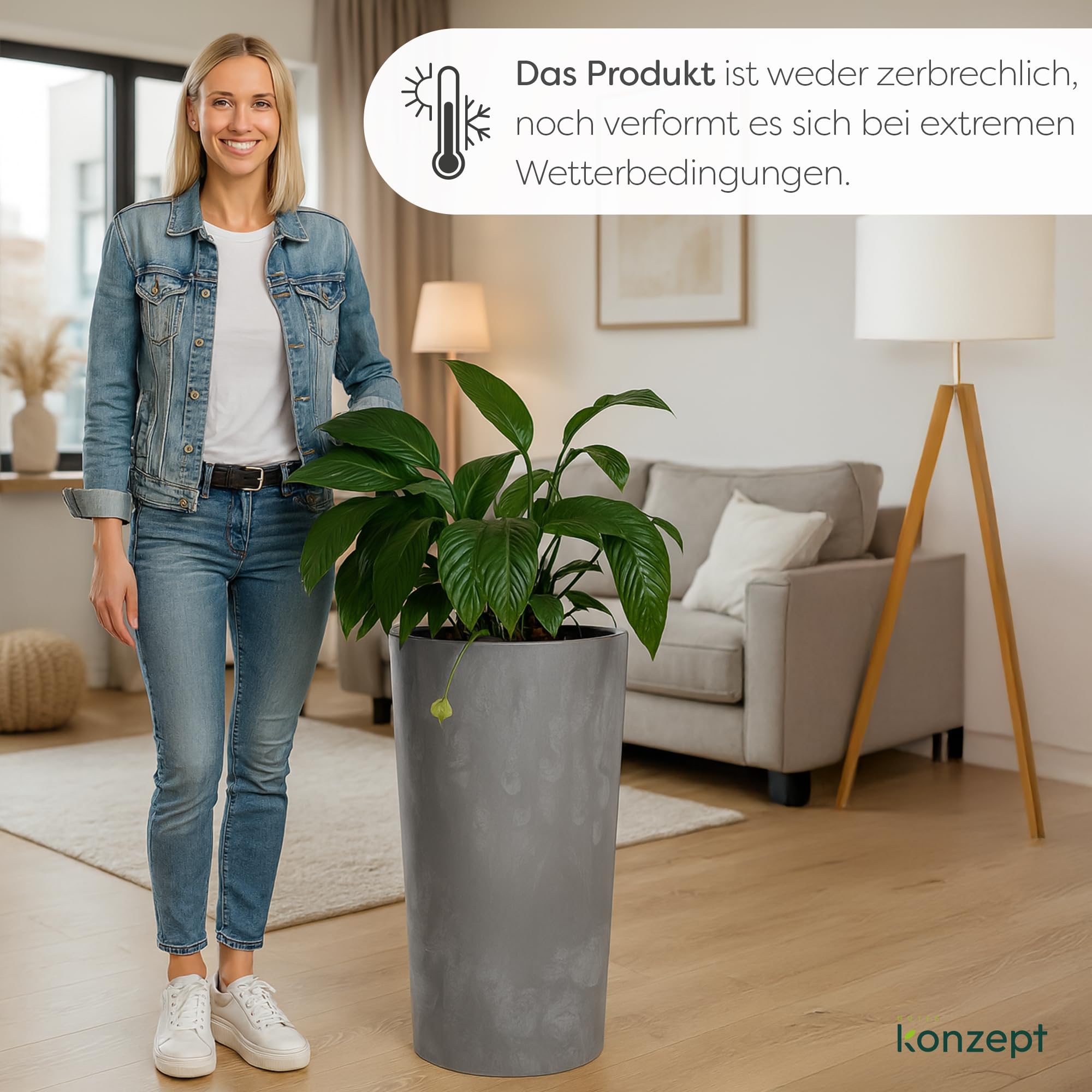 KONZEPT Blumentopf mit Einsatz – Hoch 75cm – in Beton Optik, für Außenbereich, wetterfest, UV-beständig, ECO-Kunststoff, ideal für Garten, Balkon, Terrasse