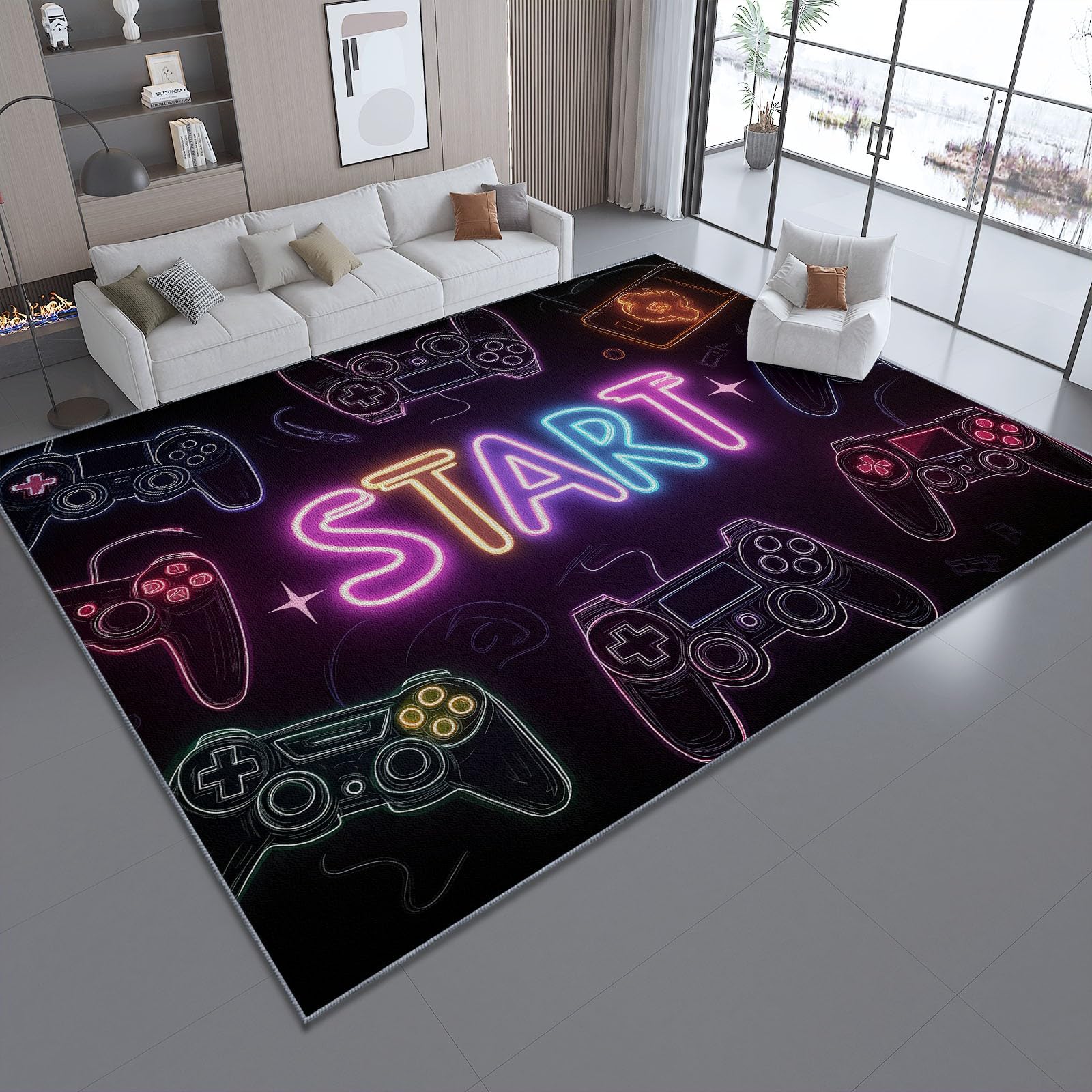 Tapis de salon 90x150 cm lavable motif néon gaming