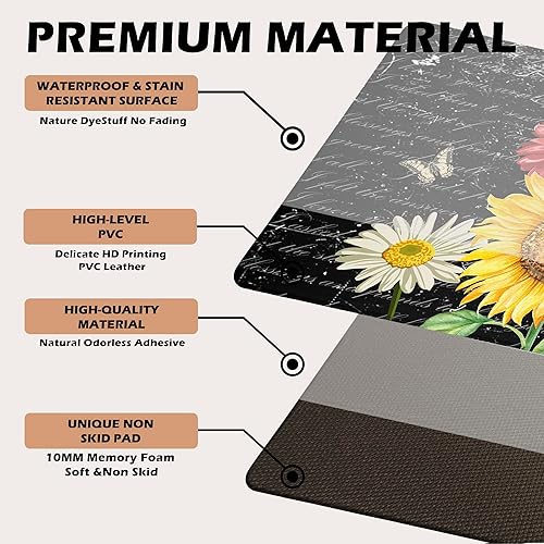 Miniatura 6 de Juego de 2 tapetes de cocina antifatiga con girasoles para el suelo, antideslizantes, impermeables, amarillos, vintage, florales, acolchados,