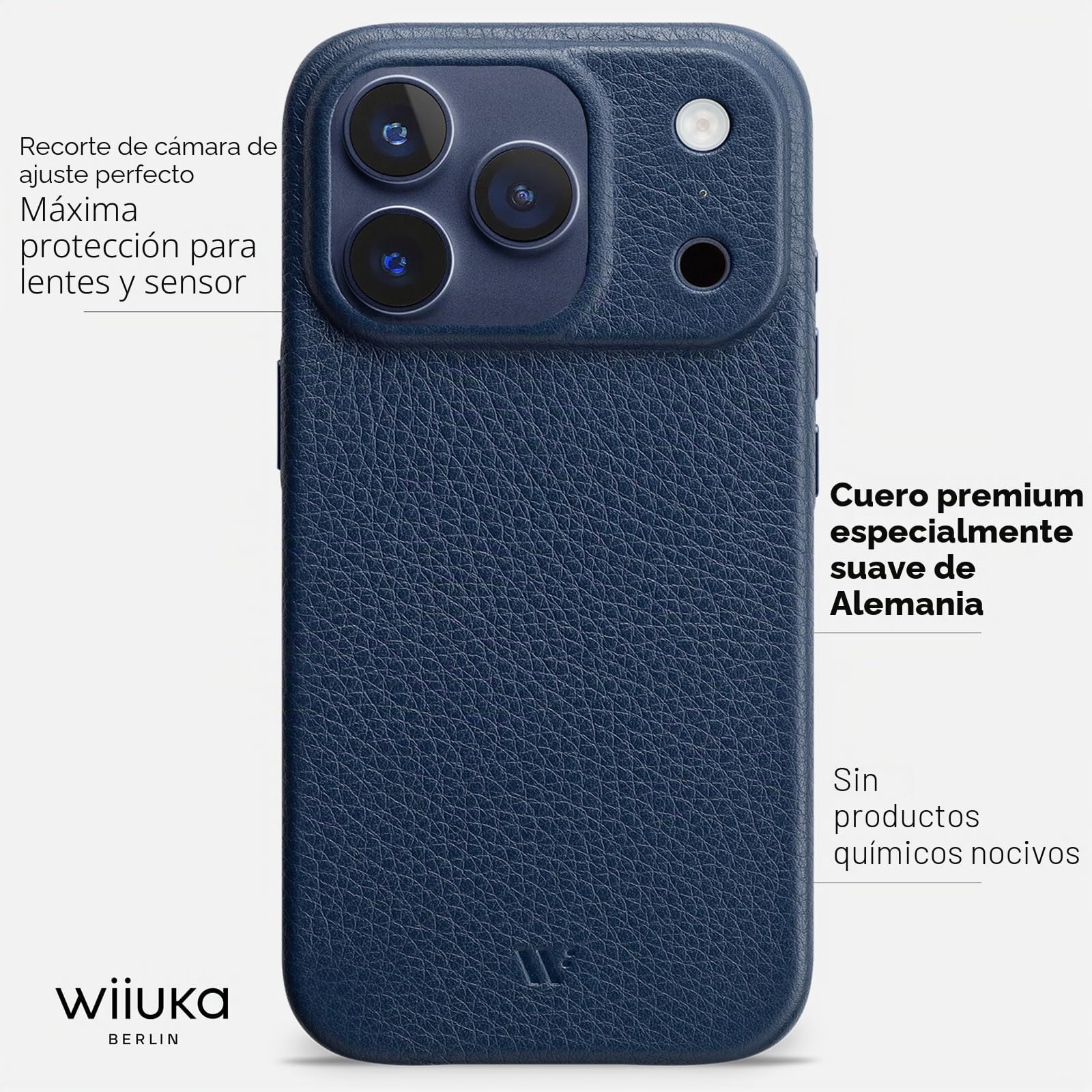 WIIUKA Funda para iPhone 17 Pro, piel de Alemania, funda de piel extrafina, funda premium para teléfono móvil, funda Qi, esquí, azul noche