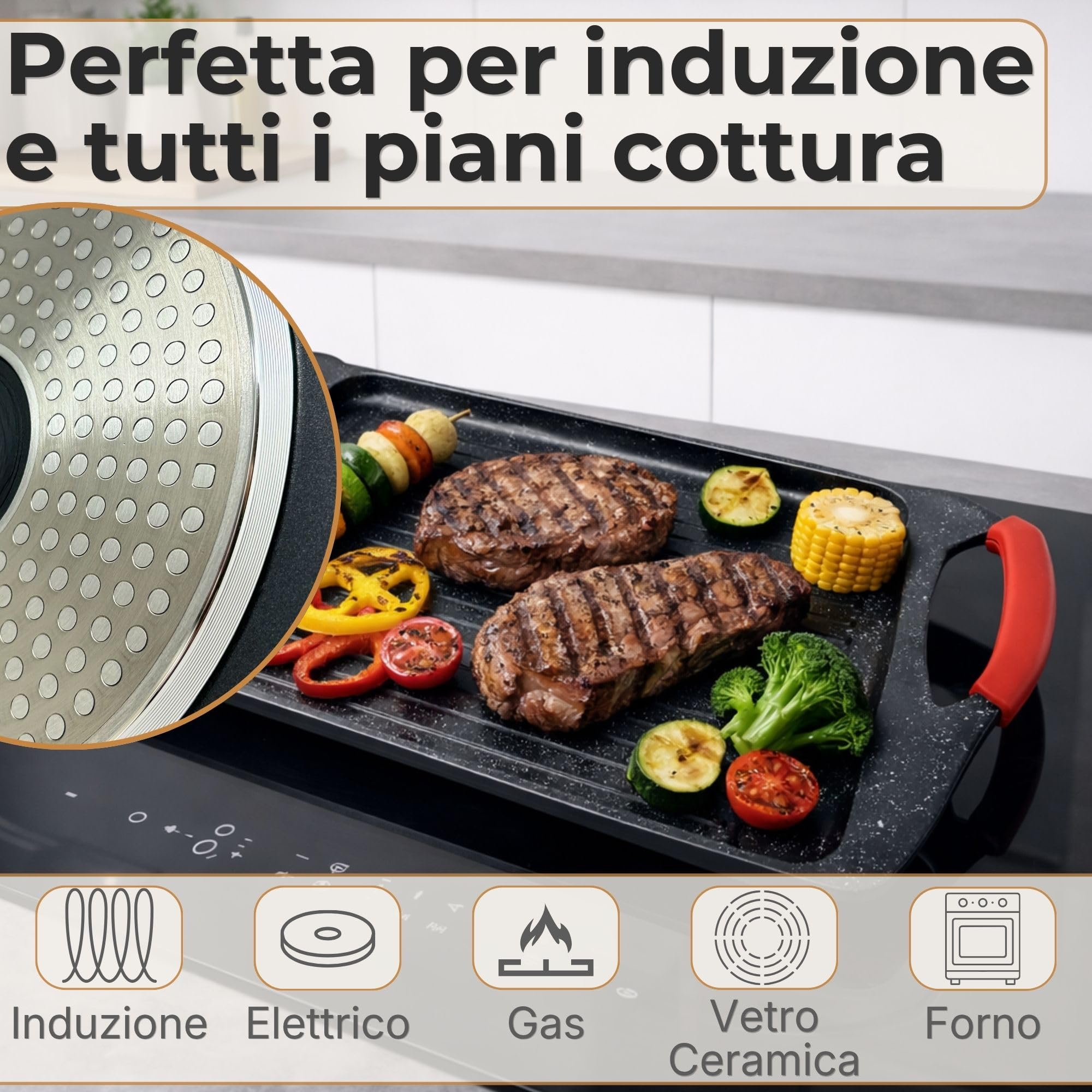 NAMAI - Bistecchiera Induzione Rettangolare, 45,5 CM x 27 CM, Rivestimento Antiaderente, Alluminio Pressofuso, Adatta In Lavastoviglie, Piastra Per Induzione (Plancia 45,5 x 27 CM) | Rivestimento Antiaderente, Alluminio Pressofuso, Adatta In Lavastoviglie