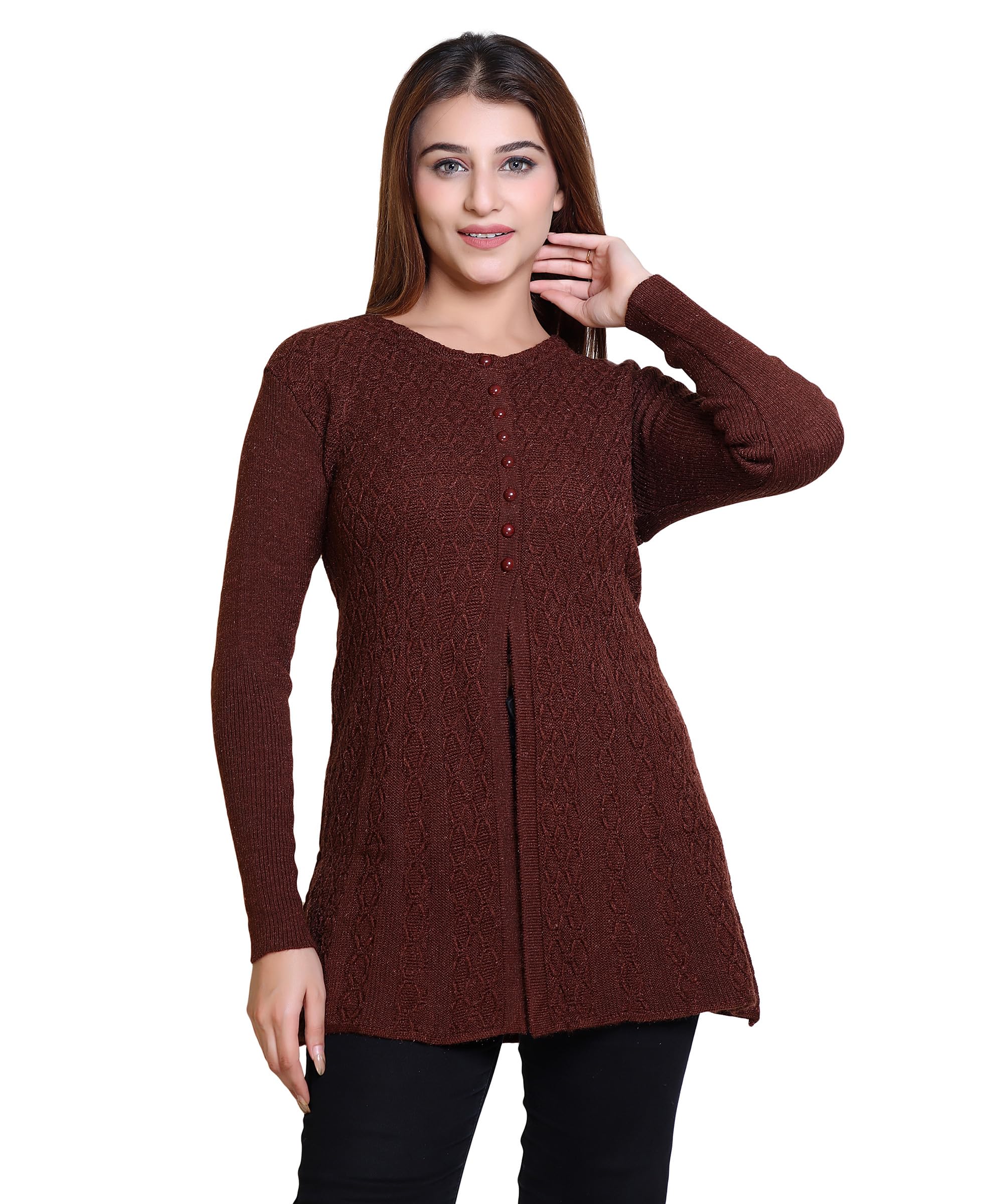 Acrylic Blend Woollen Round Neck Women's Long Cardigan(9060Dkcamelxl)-image-32