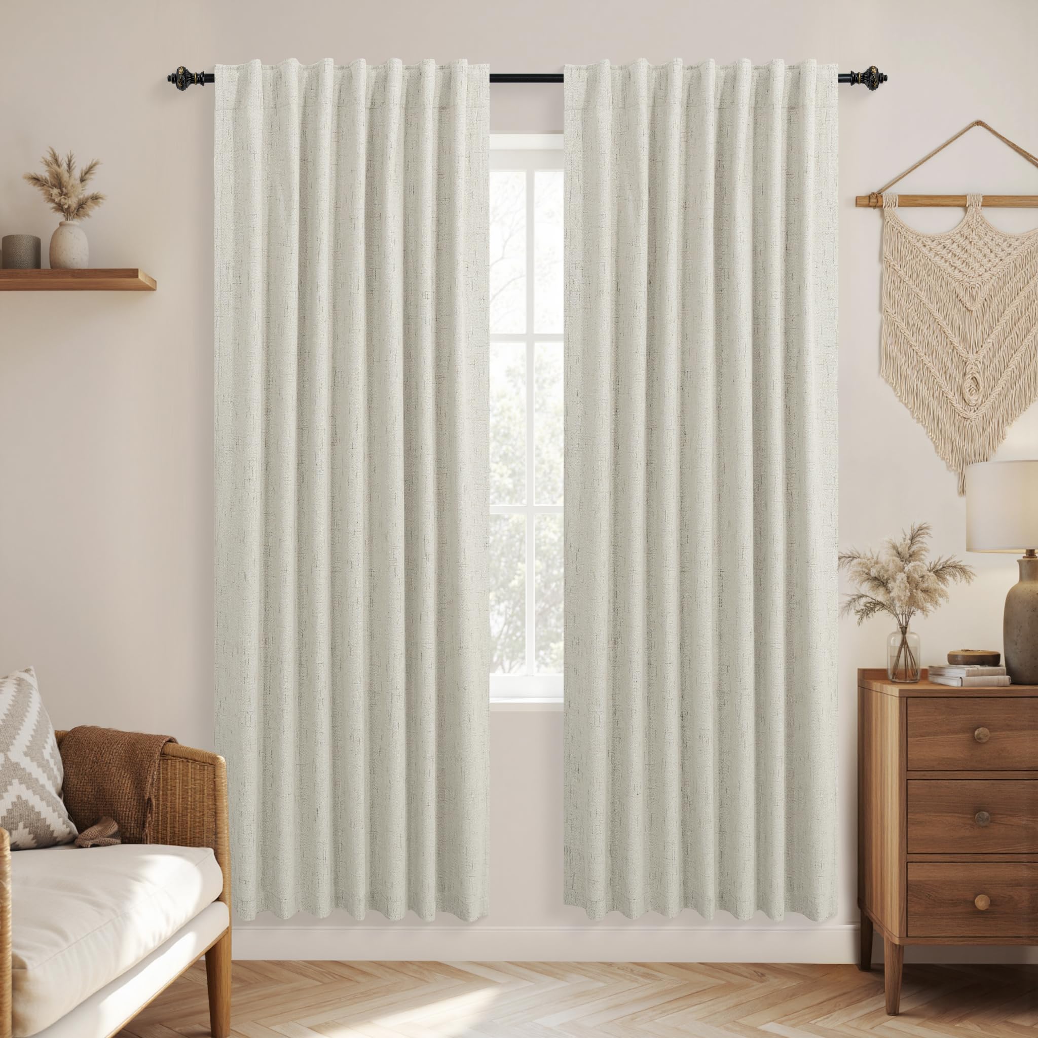 KOUFALL Natural Back Tab Linen Blackout Curtains for Living Room 52x78 Inches Long