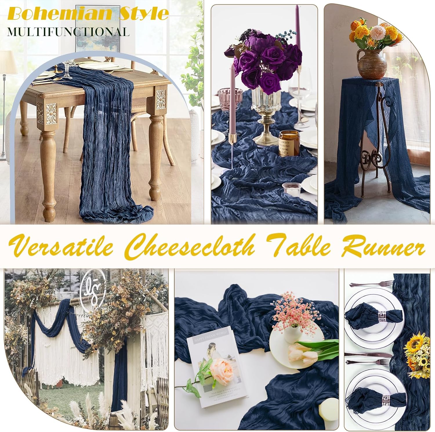 Navy Blue Cheesecloth Table Runner 2 Pack 35" Boho Gauze Table Runner 120 inches Long Runner Rustic Sheer Fabric Bulk for Baby Shower Wedding Bridal Birthday Party Table Decorations image 5