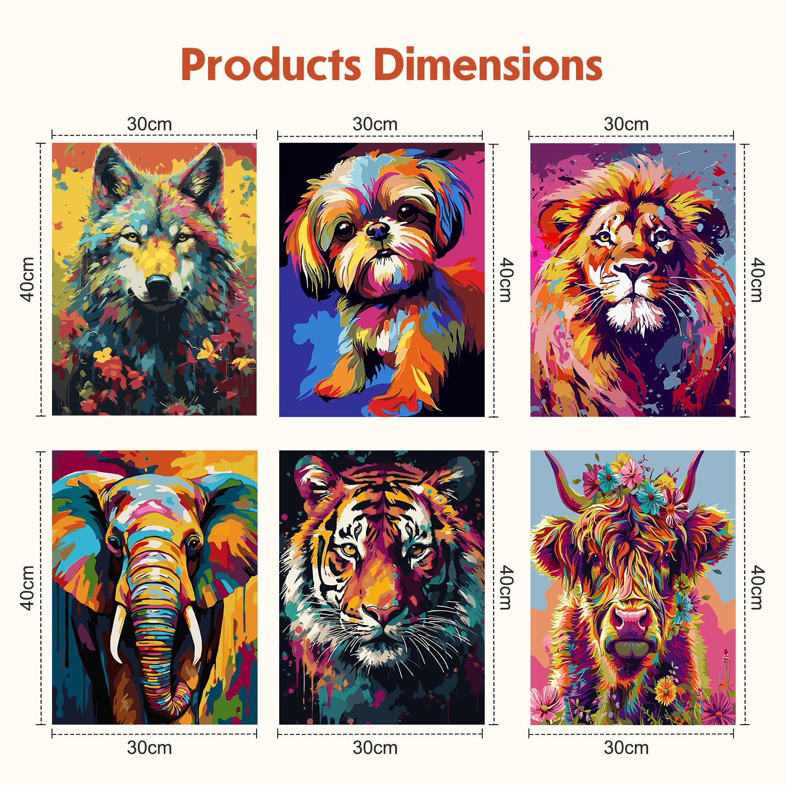 NAIMOER Lot De 6 Peintures Par Numéros Animaux 30x40cm – Loup, Chien, Lion, Éléphant, Tigre, Vache – Kit Complet Pour Adultes & Enfants