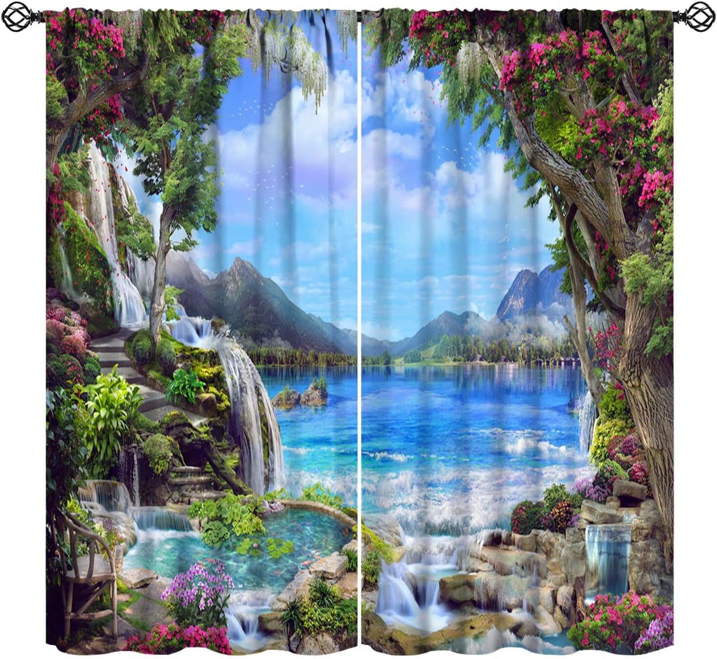 Landscape Curtains Spring Summer Natural Scenery Flowers Art Printed Blackout Window Drapes for Bedroom Living Room Decor Fabric Set 2 Panel 52x84 Inch 80% Shading Rate