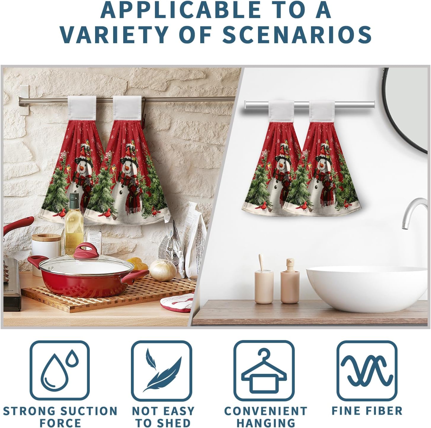 Winter Snowman Red Hanging Kitchen Towels Set of 2 Christmas Snow Snowman Pine Tree Bird Hand Towel with Hanging Loop Xmas Farmhouse Bath Towels Soft Absorbent Fingertip Dish Tie Towel for Bathroom - Image 6