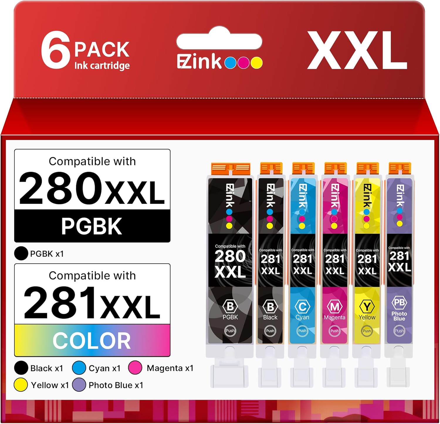 E-Z Ink Compatible TS9120 Ink Cartridge Replacement for Canon PGI-280XXL CLI-281XXL PGI 280XXL CLI 281XXL to use with PIXMA TS8320 TS8220 TS8120 (PGBK, Black, Photo Blue, Cyan, Magenta, Yellow) 6 Pack