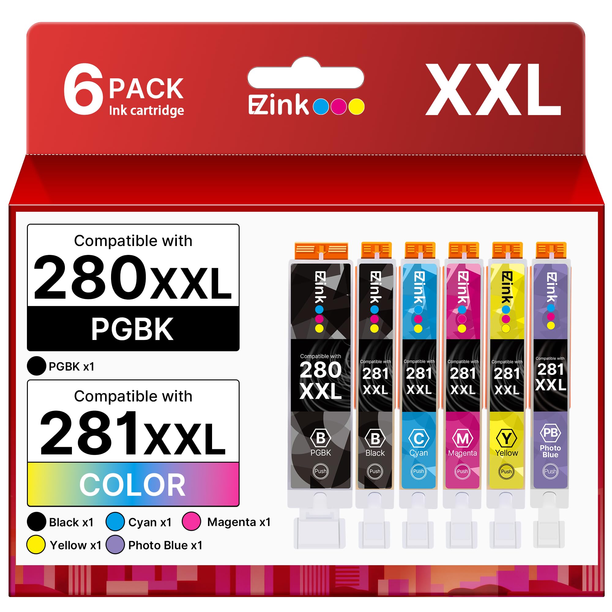 E-Z Ink Compatible TS9120 Ink Cartridge Replacement for Canon PGI-280XXL CLI-281XXL PGI 280XXL CLI 281XXL to use with PIXMA TS8320 TS8220 TS8120 (PGBK, Black, Photo Blue, Cyan, Magenta, Yellow) 6 Pack