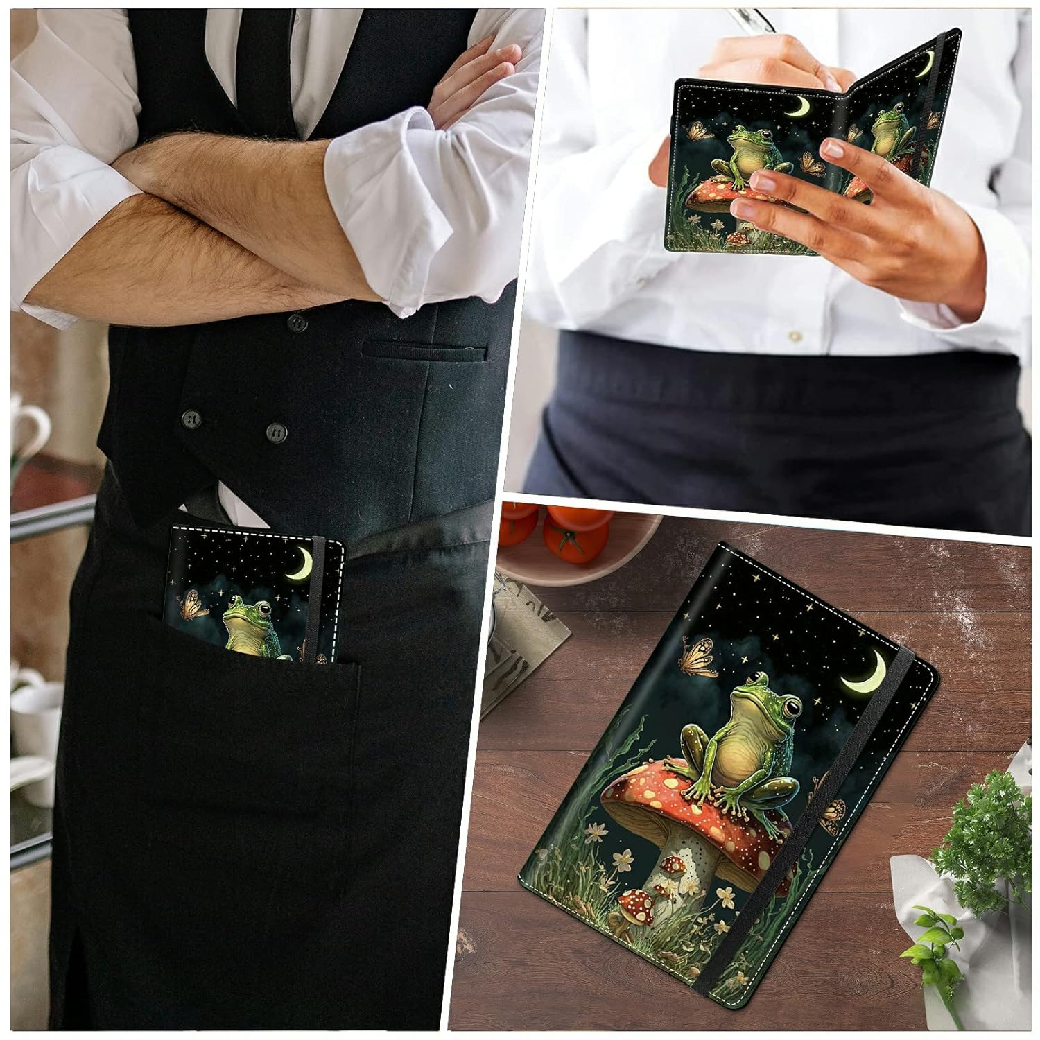 Rossy Server Books for Waitress & Waiter 9 x 5 Inch Wallet with Zipper Pocket Mushroom Frog Design Booklet Cute Waitress Book Serving Book with 11 Money Pocket Fit Server Aprons