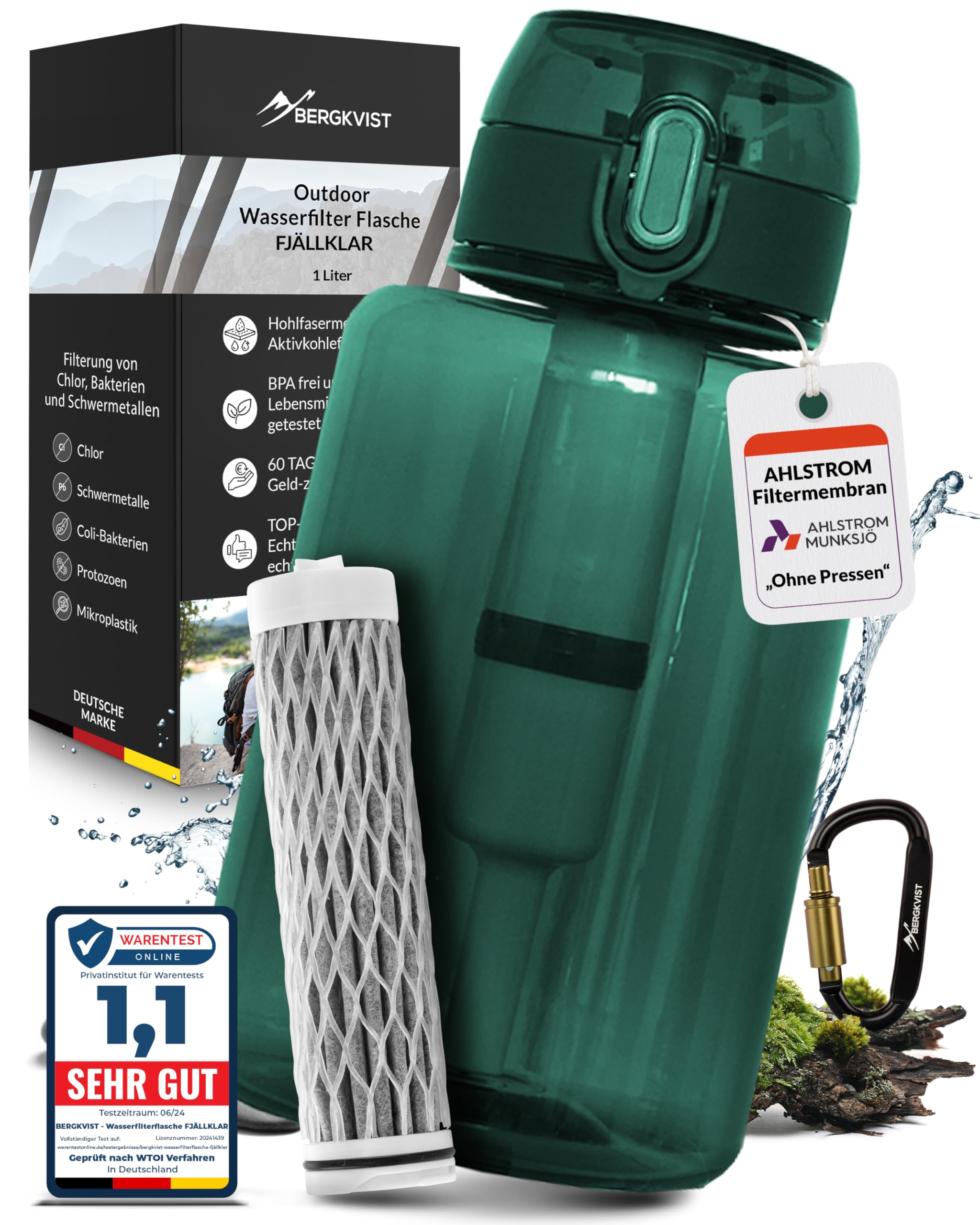 BERGKVIST® Outdoor Water Filter Bottle FJÄLLKLAR (1l) - 1 Litre Water Bottle with Filter by AHLSTROM® for Clean Drinking Water During Camping, Hiking and Survival Adventures - Black