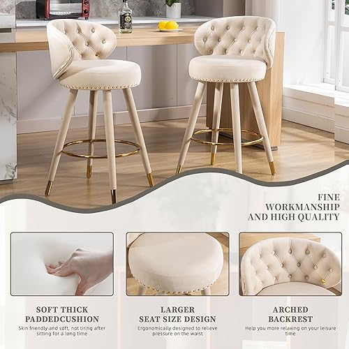 Miniatura 5 de QQU Juego de 2 taburetes de bar, modernas sillas de bar ajustables de terciopelo con respaldo, patas de madera maciza, taburetes de bar tapizados y