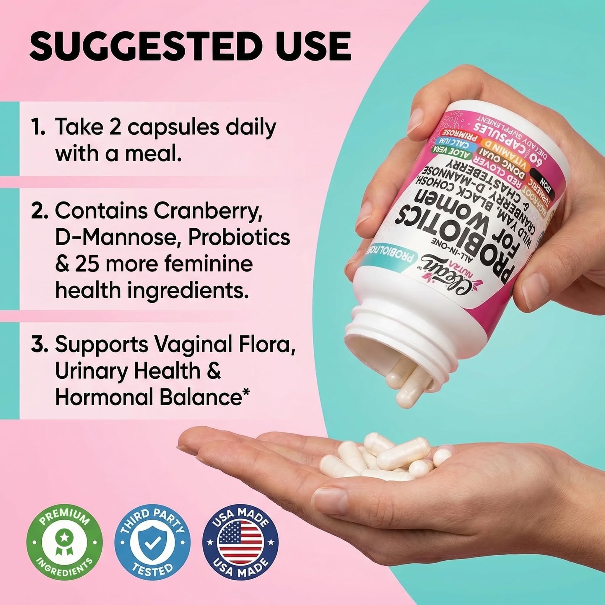 Clean Nutraceuticals Probiotics for Women with D Mannose, Cranberry Extract, Wild Yam, Chasteberry - 20 Probiotic and Prebiotic Strains - PH Balance, Womens Probiotic for Digestive Health - 60 Count — Amazon image 6