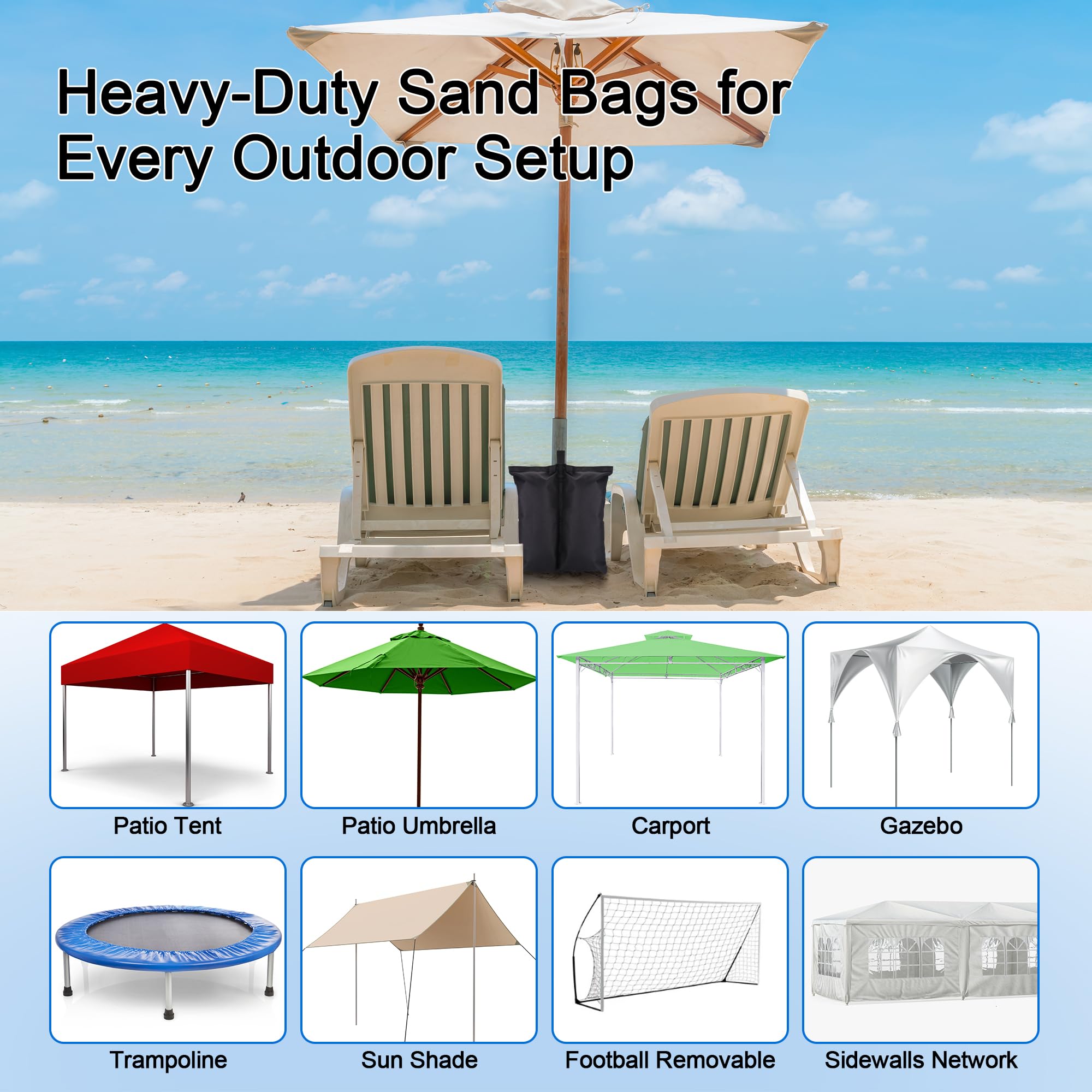 Set da 8 pesi da gazebo con sacchi di sabbia, pesi resistenti, sacchi di sabbia per gazebo pieghevoli, ombrelloni da giardino, ombrelloni da spiaggia, sacchi di zavorra per trampolini, neri - senza sa