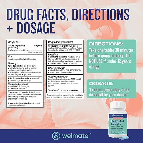 Miniatura 2 de WELMATE - Ayuda para dormir nocturno - Succinato de doxilamina 25 mg - para adultos y niños mayores de 12 años - 100 tabletas