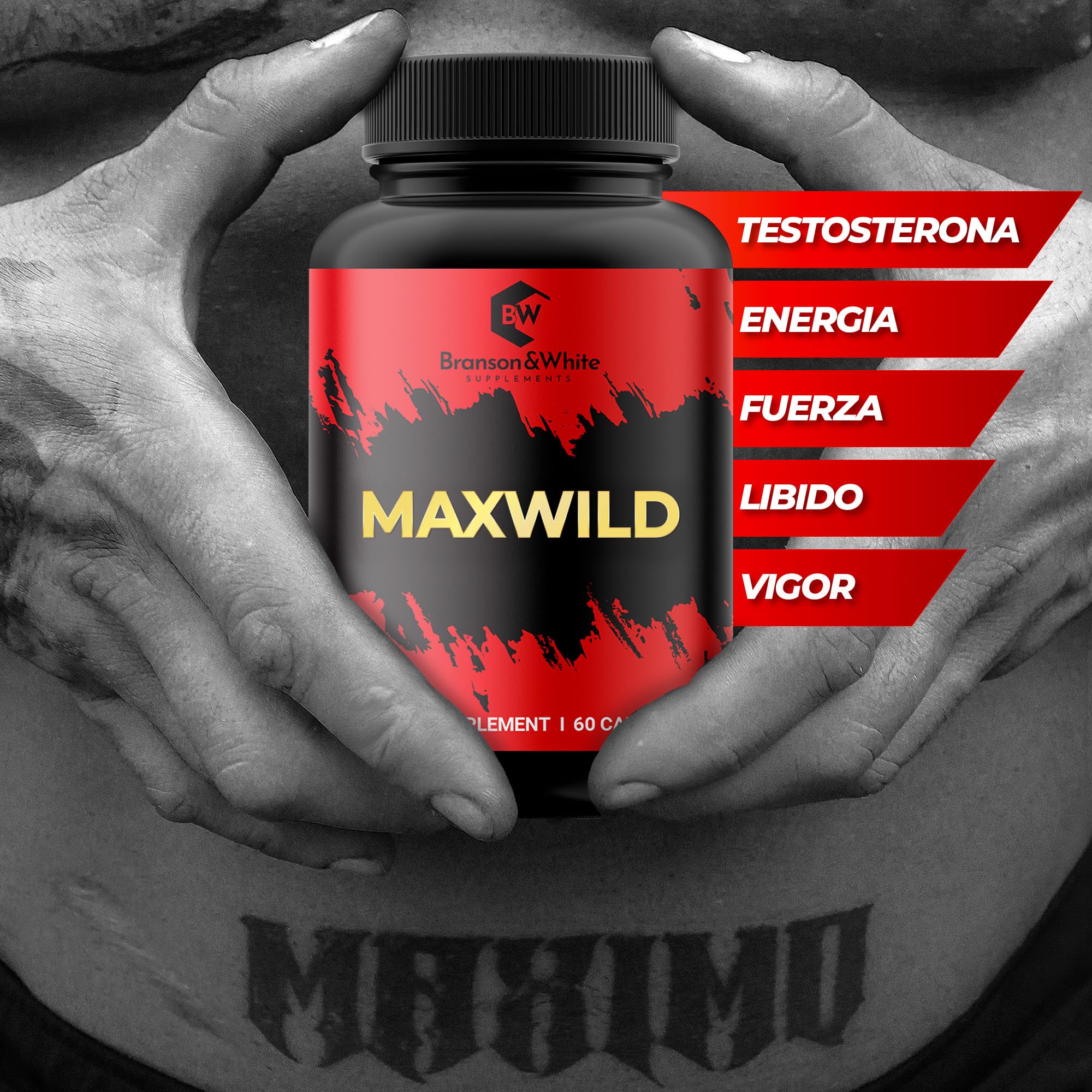 MAXWILD - Testosterona Hombre con 17 Ingredientes | Ácido Aspártico, Muira Puama, L-Arginina, Coenzima Q10 | Energía, Vitalidad, Libido, Rendimiento Físico y Bienestar | 60 Cápsulas