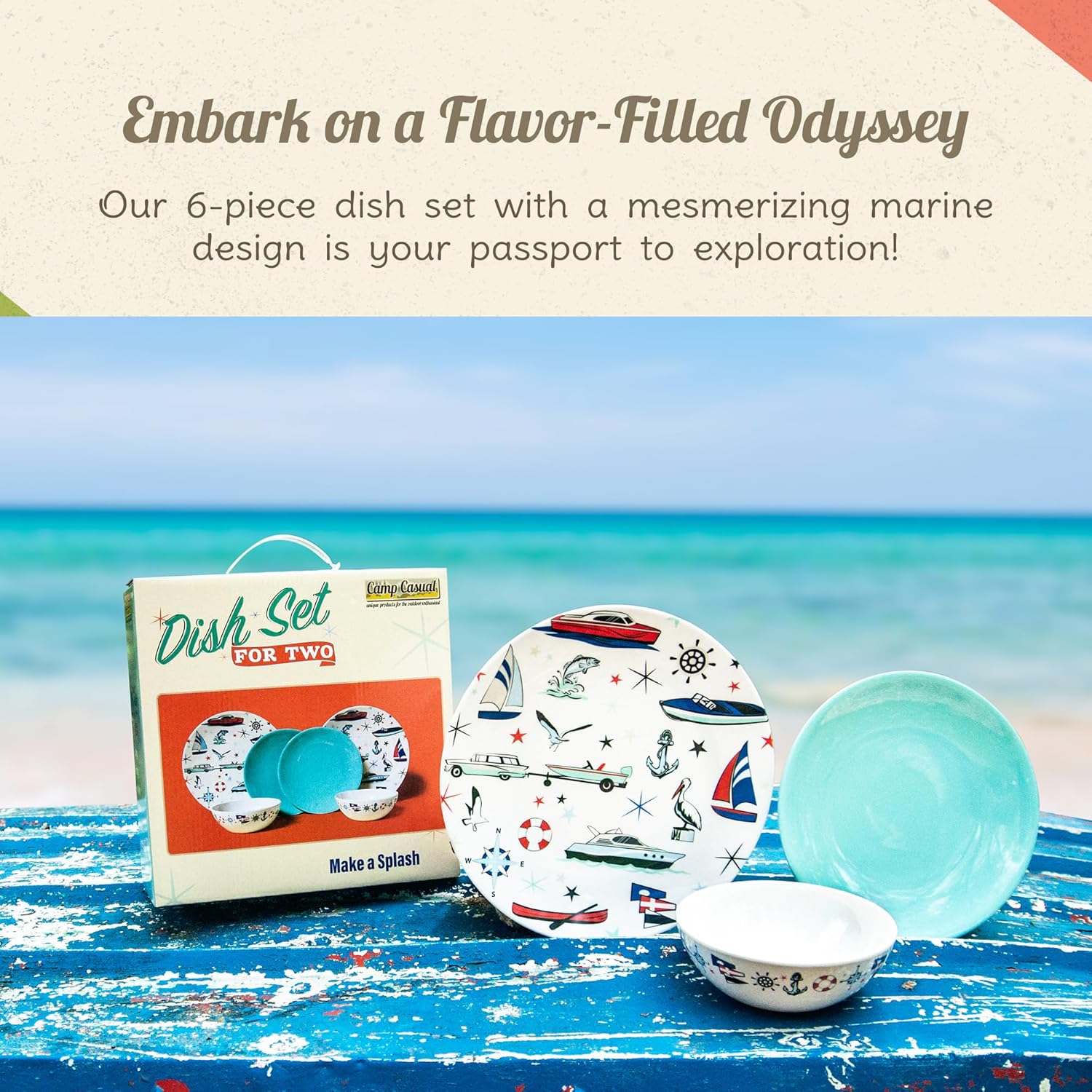 Melamine Dinnerware Sets - 6-pc Marine Dish Set - 2 Bowls, 2 Salad & 2 Dinner Melamine Plates for Indoor & Outdoor - BPA Free, Dishwasher Safe, Shatter-Res Dinnerware Set - Camping Dishes, Camp Casual