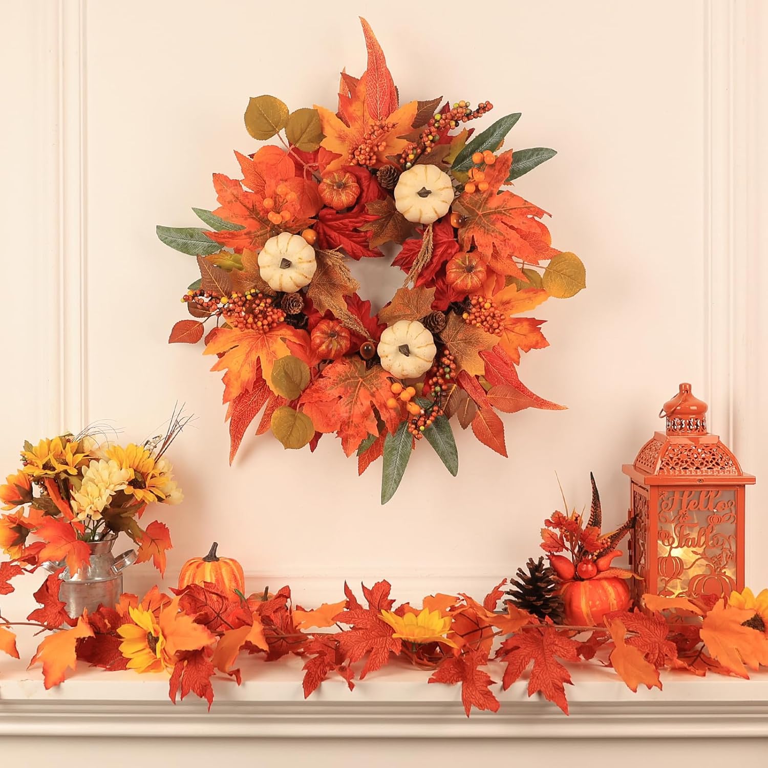 Fall Wreaths for Front Door, DECSPAS 21" Thanksgiving Fall Wreath with Maple Leaves Pumpkin Berries, Autumn Decorations for Home, Artificial Harvest Door Wreath Outside, Window, Wall, Mantel Decor