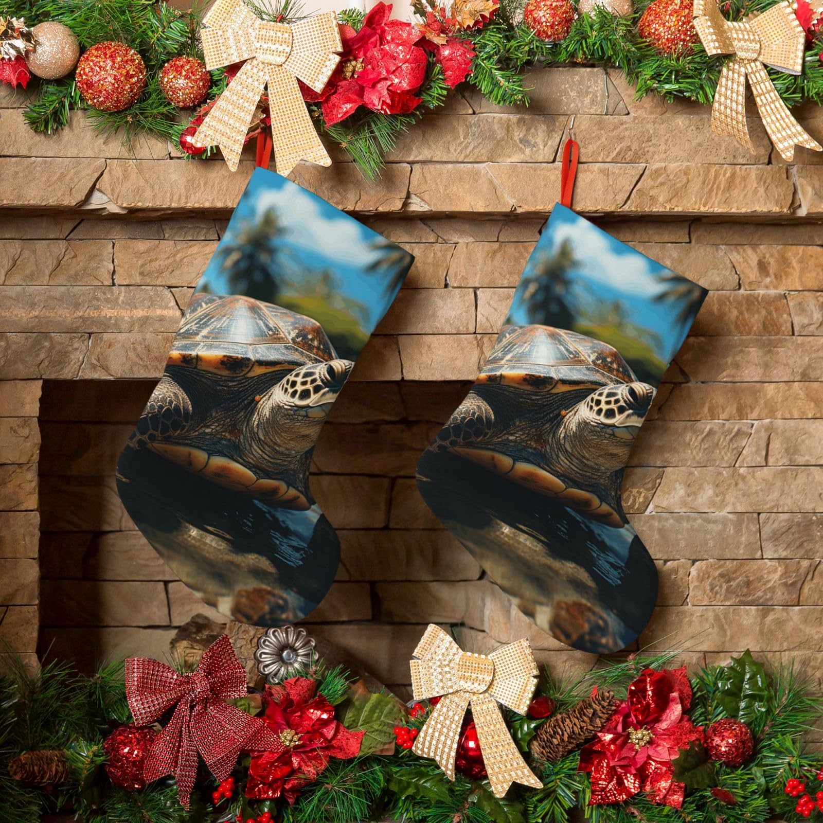 KLOPH Christmas Stockings 18" Personalized Xmas Stocking Big Turtle and Palm Trees Decoration Stockings Hanging Ornaments Fireplace Stocking for Holiday Xmas Tree Christmas Decor