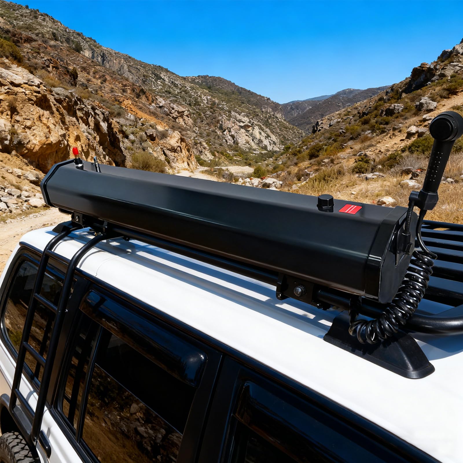 Doccia Portatile per Tetto con Serbatoio d'Acqua Pressurizzato, Doccetta e Tubo Regolabili per Campeggio Fuoristrada, SUV, Camion, Camper e Avventure all'Aperto
