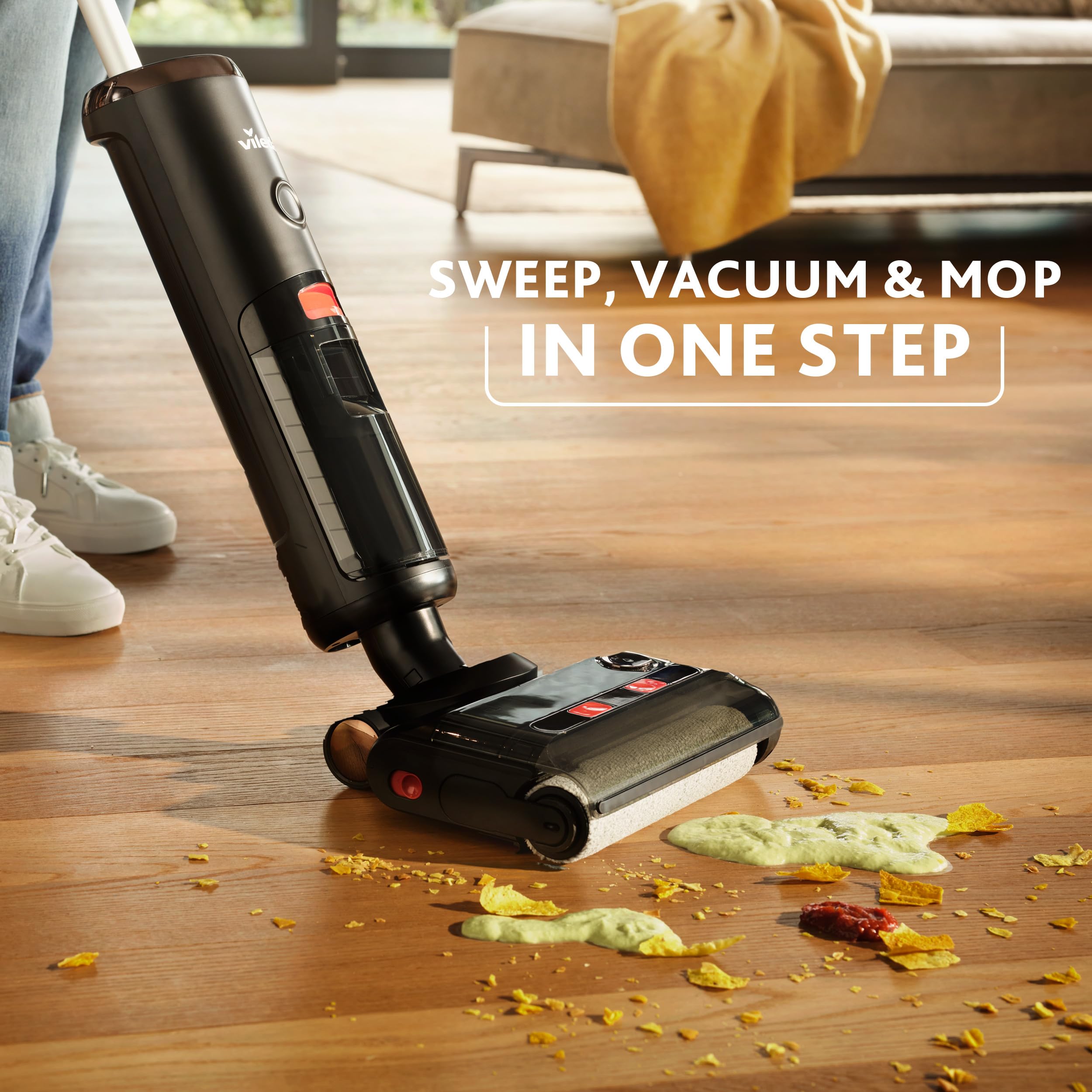 Vileda PureClean S5 - Aspirapolvere a secco con accessori (2 rotelle, 2 filtri), senza fili a batteria con doppio serbatoio e separazione dell'acqua al 100%, leggero, per tutti i pavimenti, 180 m² con