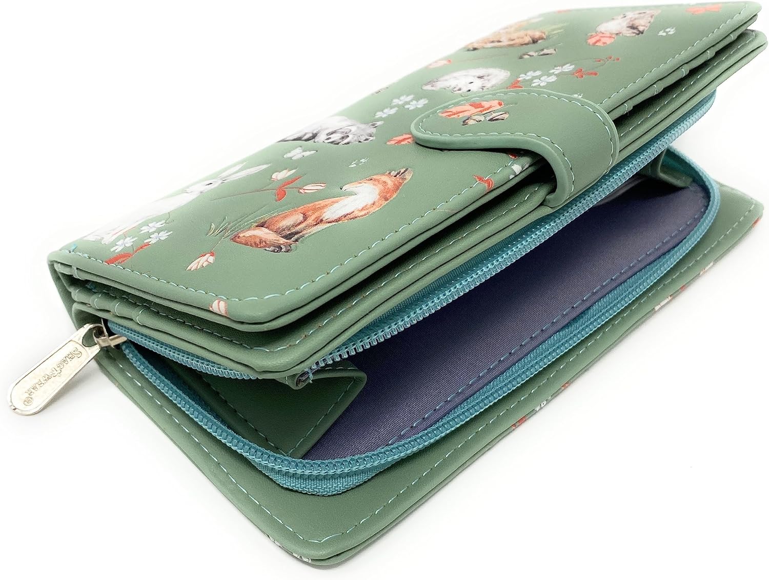 Shag Wear Forest Friends Large Animal Wallet for Women and Teen Girls Deer Owl Squirrel Rabbit Fox and More Vegan Faux Leather 7" Mint Green