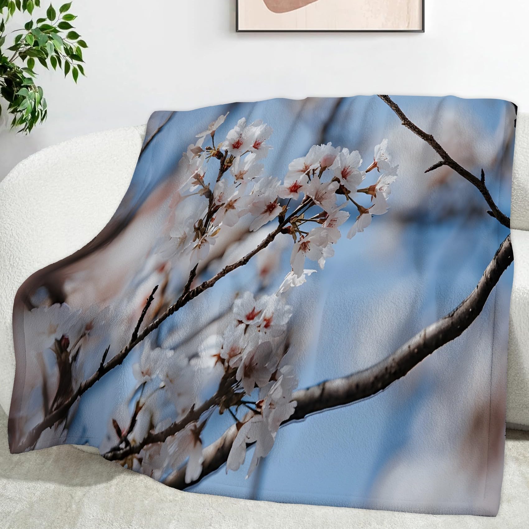 Ypthriline Cherry Blossom Branches Blanket, Realistic Photography Microfiber Flannel Throw Blanket, Comfortable Soft Fluffy and Warm, Blankets for Beds, Sofas and Recliners, 130×150 CM