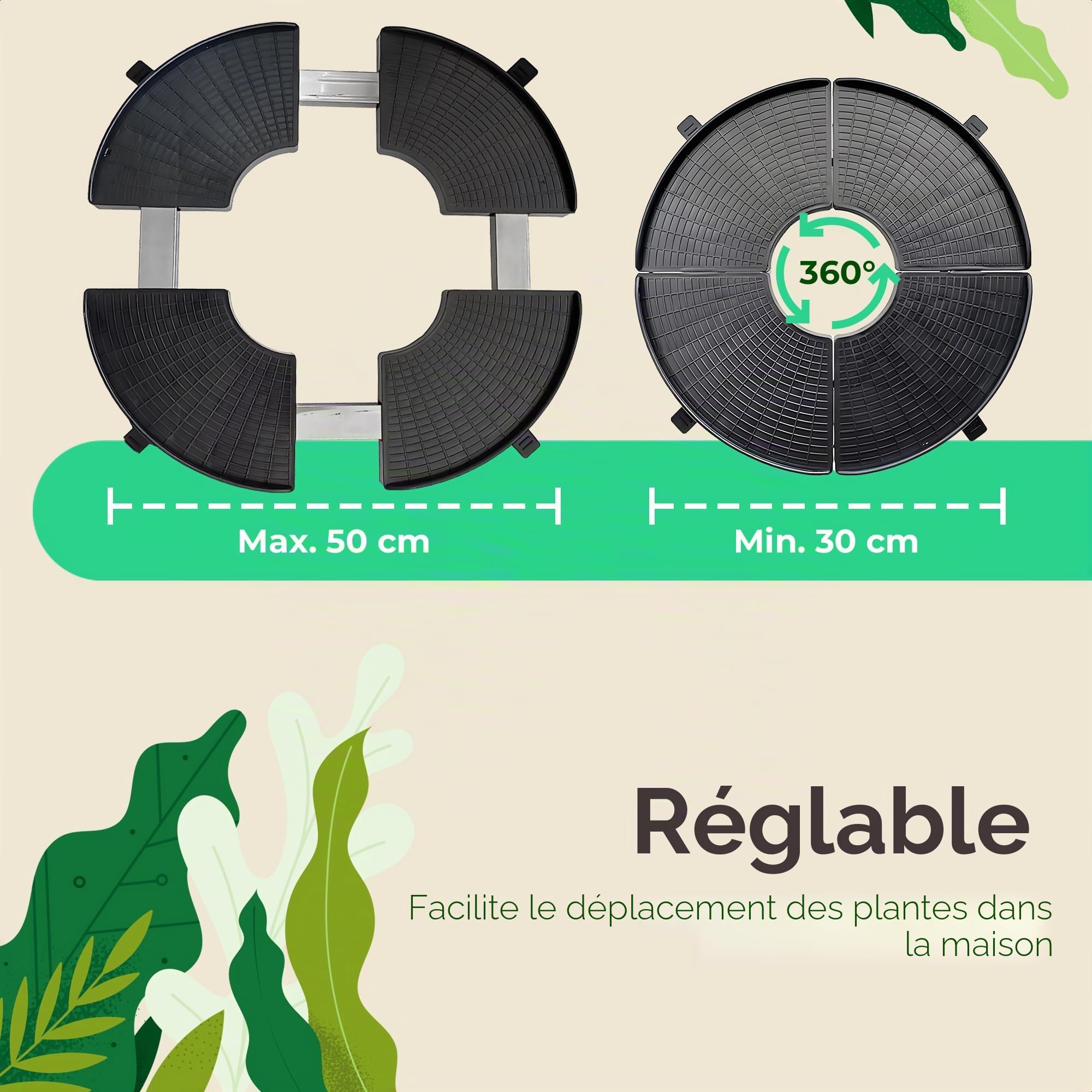 Sunny Tree Chariot pour plantes de qualité supérieure avec roulettes à 360 degrés pour une grande capacité de charge jusqu'à 300 kg, rond, réglable de 30 à 50 cm de diamètre