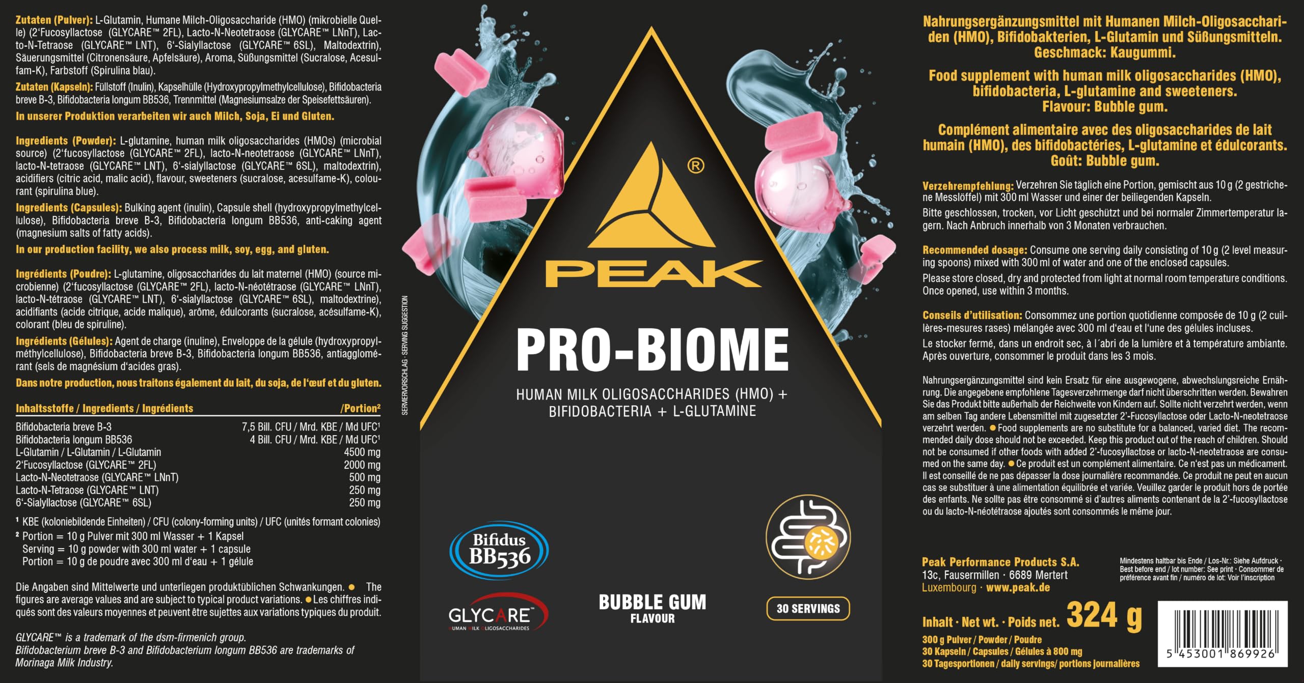 PEAK Pro-Biome – 324 g Sabor Bubble Gum I 30 porciones I GLYCARE HMOs – Human Milk Oligosacáridos + Cultivos vivos – Bifidobacterium BB536 + B-3 I para apoyar la salud intestinal