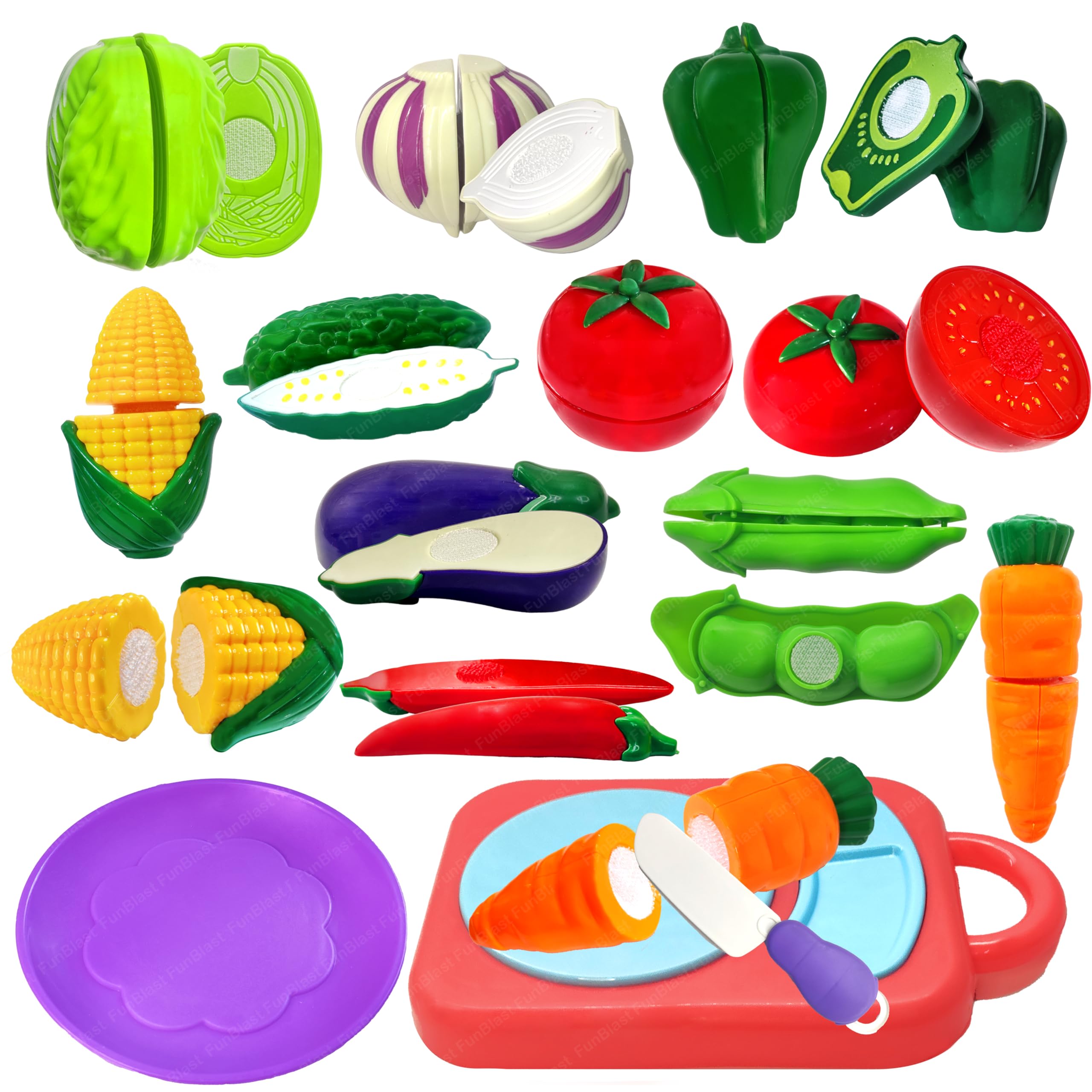 FunBlast Vegetables Play Set Toys - 13 Pieces Realistic Sliceable Cutting Vegetable Pretend Play Kitchen Toys for Kids, Play Food Toys, Vegetable Toys with Chopping Board & Knife (Multicolor)-image-11