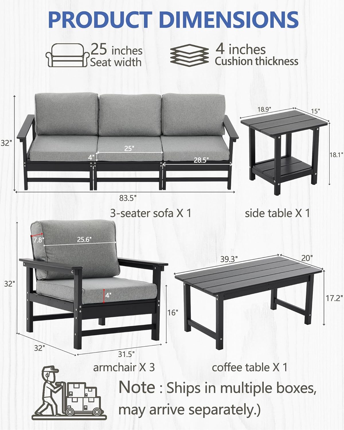 HDPE Outdoor Patio Furniture Set, 8-Piece Sofa Set with 3-Seat Couch, 3 Armchairs,Side Table & Coffee Table, Weatherproof Conversation Set with Cushions,for Garden, Porch & Backyard