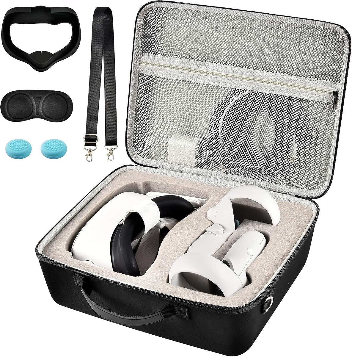 Comecase Estuche rígido de transporte para auriculares Meta Quest 3S/3/2, interior gris | Almacenamiento de realidad virtual Home-To-Trip para auriculares y controladores, con protector de lente y cubierta facial, correa para el hombro, dispositivos no incluidos