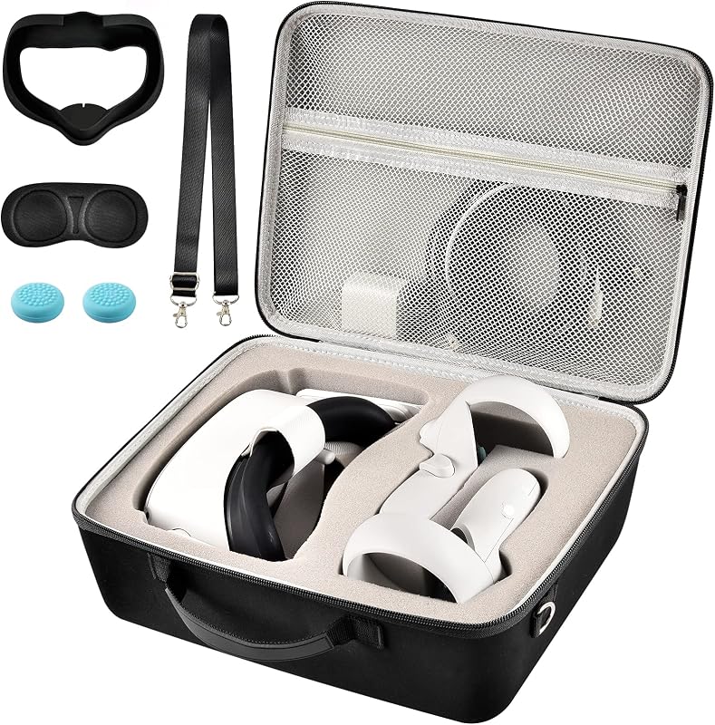 Comecase Estuche rígido de transporte para auriculares Meta Quest 3S/3/2, interior gris | Almacenamiento de realidad virtual Home-To-Trip para auriculares y controladores, con protector de lente y cubierta facial, correa para el hombro, dispositivos no incluidos