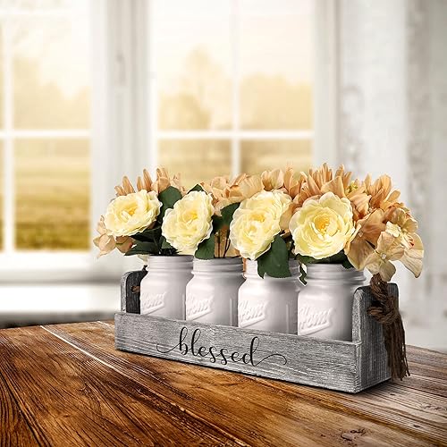 Besuerte - Tarros blancos para centros de mesa, decoración de mesa de comedor, decoración moderna de bandeja de madera de granja con flores para