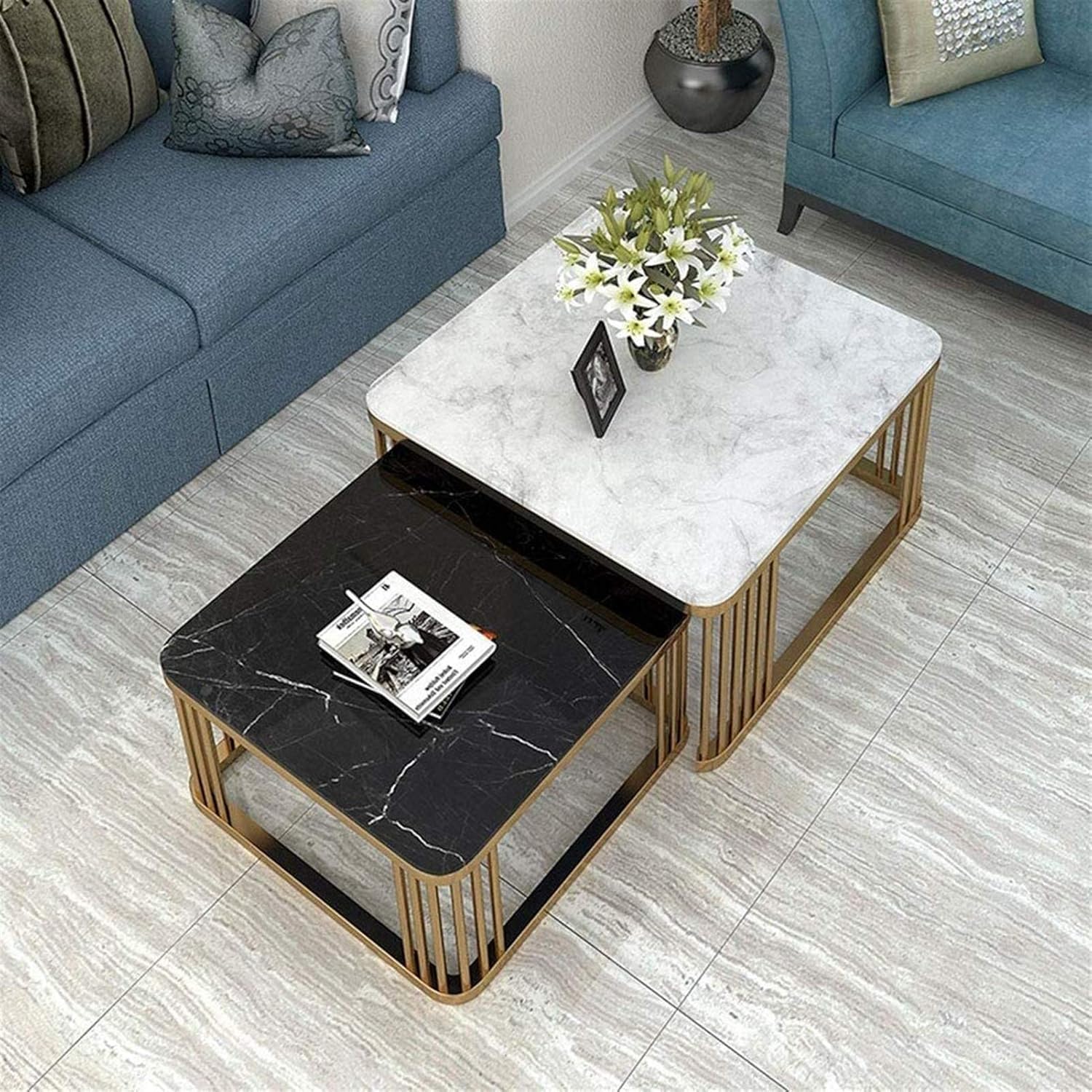 NEST NATURE HAVEN Square Center Tables Coffee Table Set of 2 Cocktail Table with Open Storage Shelf for Living Room Minimalist Style Modern Furniture Side End Table (Big Table White)