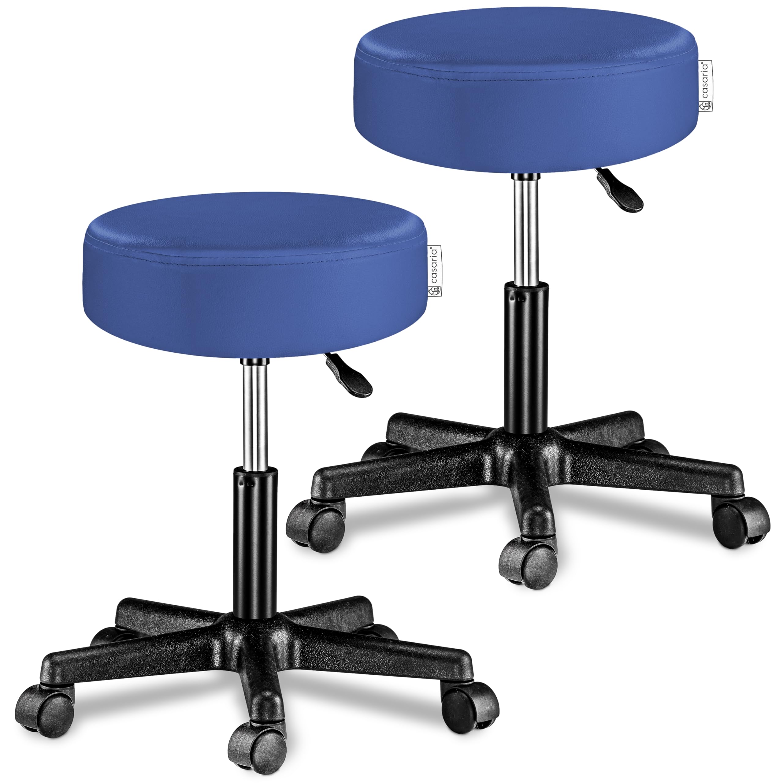 CASARIA® 2X Taburete Oficina Giratorio 360° Redondo Ø 35cm con Ruedas Silla Escritorio Trabajo Altura Regulable 46-60cm Acolchado 10cm Resistente Azul