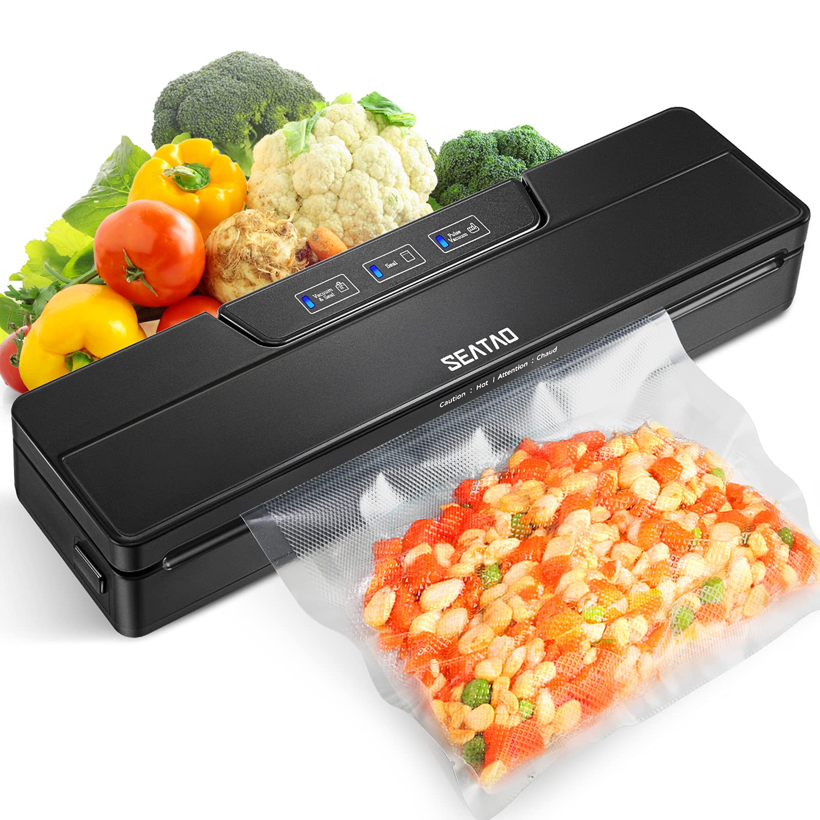SEATAO Professional Mini Vacuum Sealer. Automatic/Manual Smart Heat Air Sealer Machine for Food Preservation. 70kPa Strong Suction, Led Indicator Lights, Compact Design, Includes 10 Bags, Black