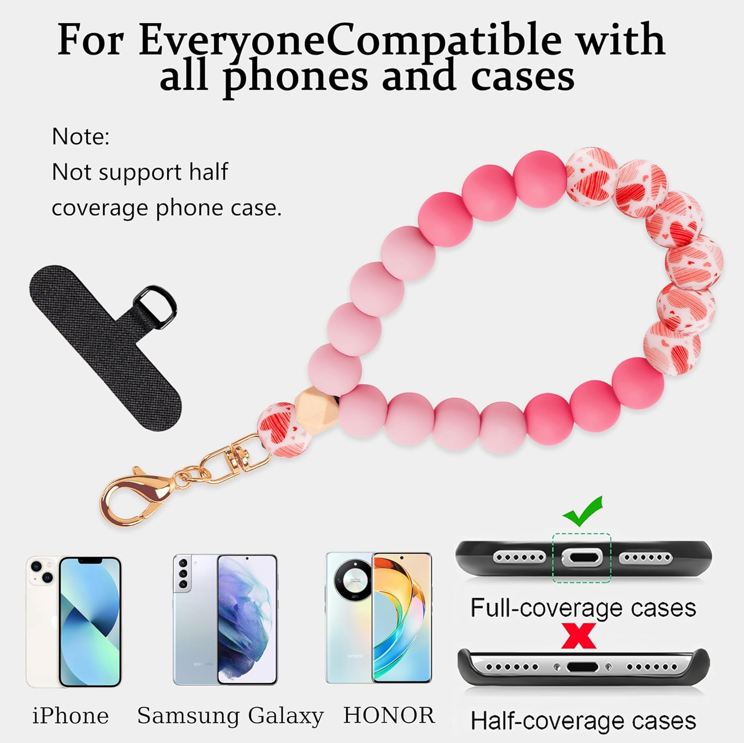 Silicone Beaded Phone Wrist Strap,phone bracelet strap with Tether Tab,Elastic Hands-Free wristlet strap (Pink Heart) - Image 6