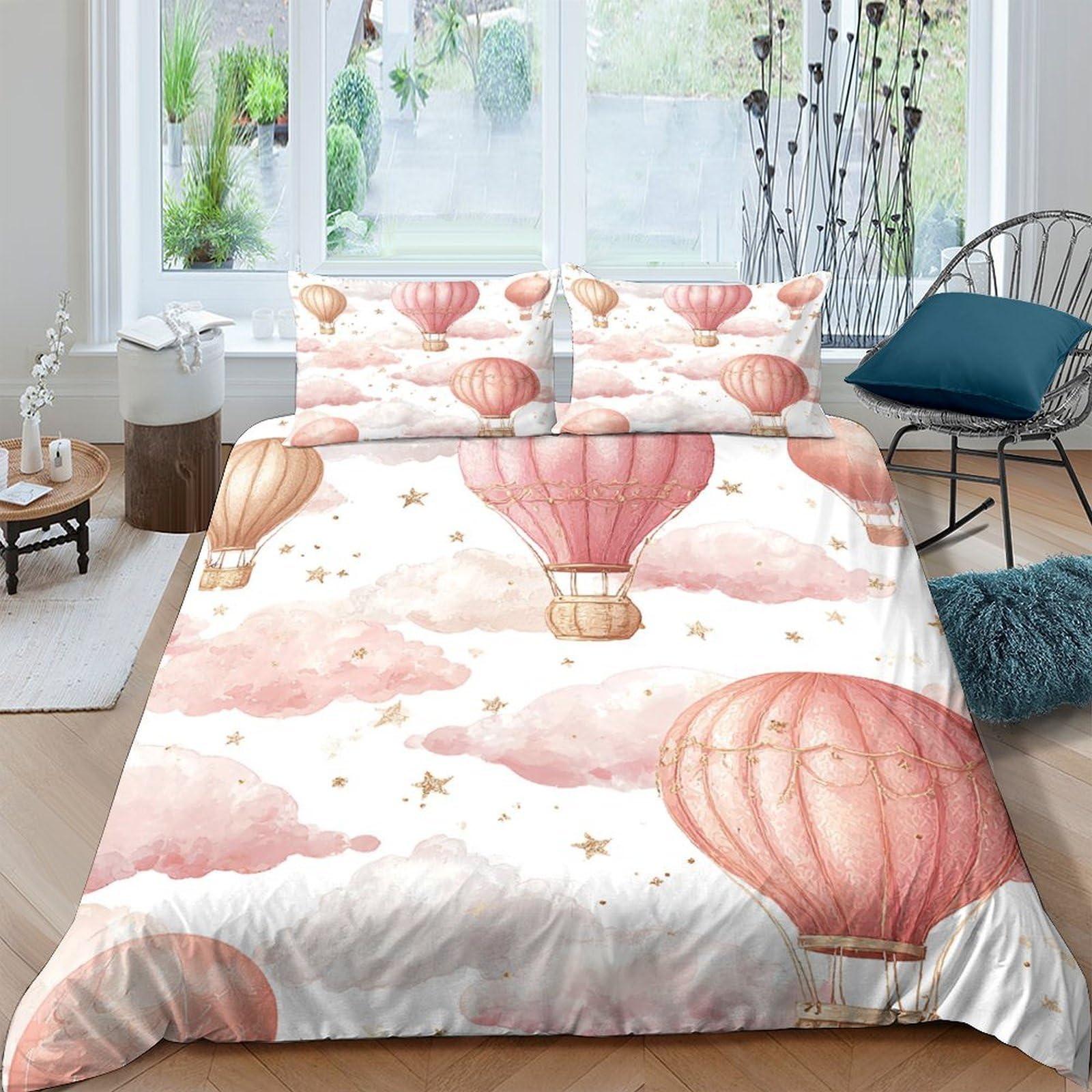Ctjqhvkz Style-8 3D Printed Pink Hot Air Balloon Fitted Sheet Microfiber Soft Anti-Slip Cloud Bed Cover For Bedroom Guest Room Decor Single（135X200cm）