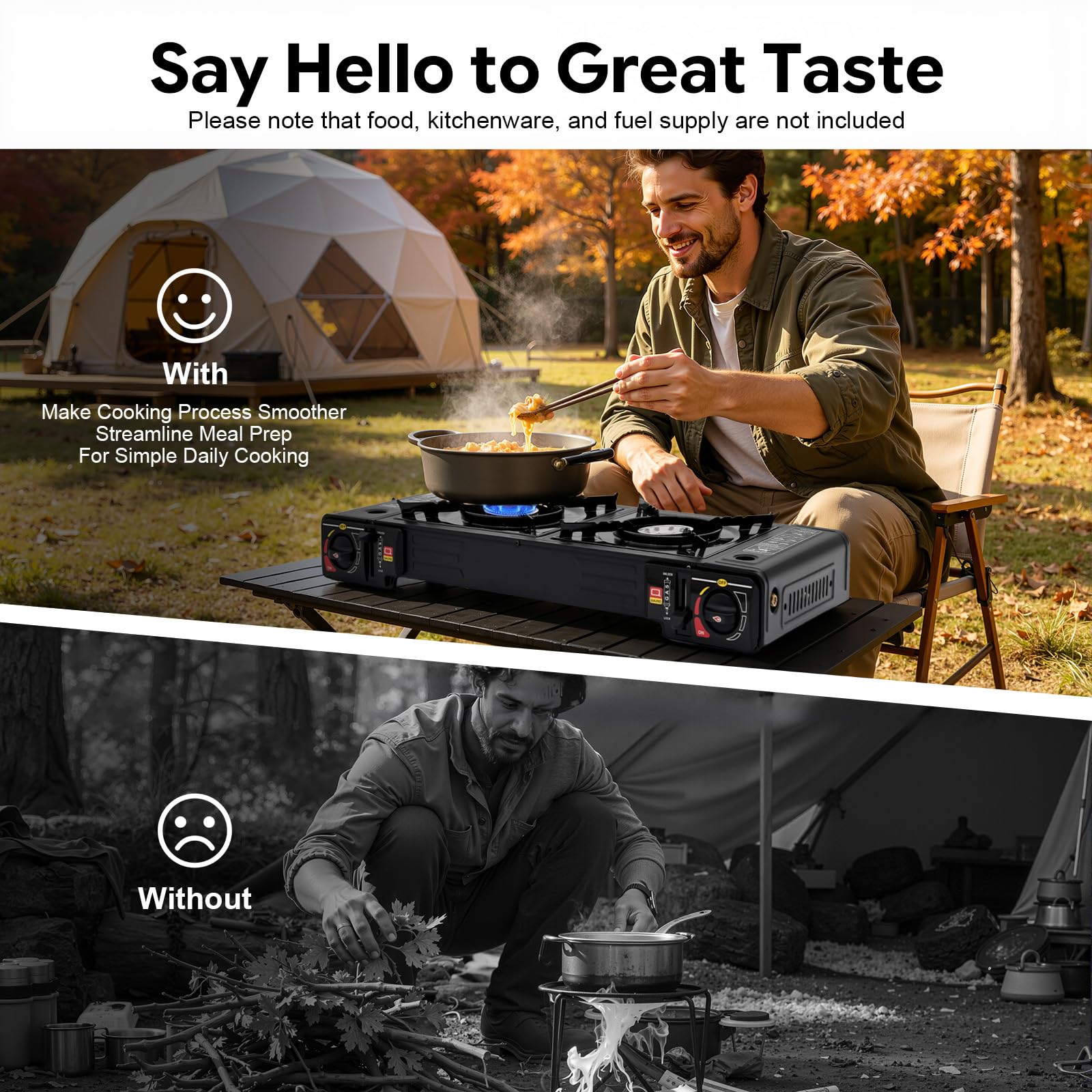 Fornello da campeggio Camping Kitchen 2 fuochi, fornello a gas a 2 fuochi con teglia e borsa, griglia da campeggio a gas, griglie per pentole rimovibili, fornello a gas da campeggio outdoor, per