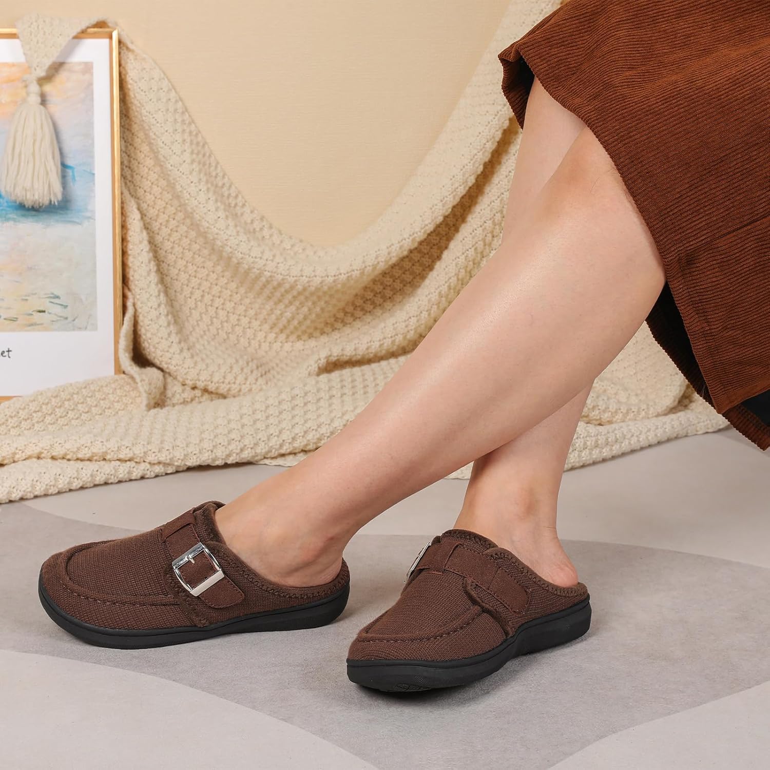 JOINFREE Womens Slippers Wide Slip on Mules Adjustable Diabetic Slipper Warm Memory Foam House Slippers for Edema Swollen Bunions Indoor & Outdoor - Image 2