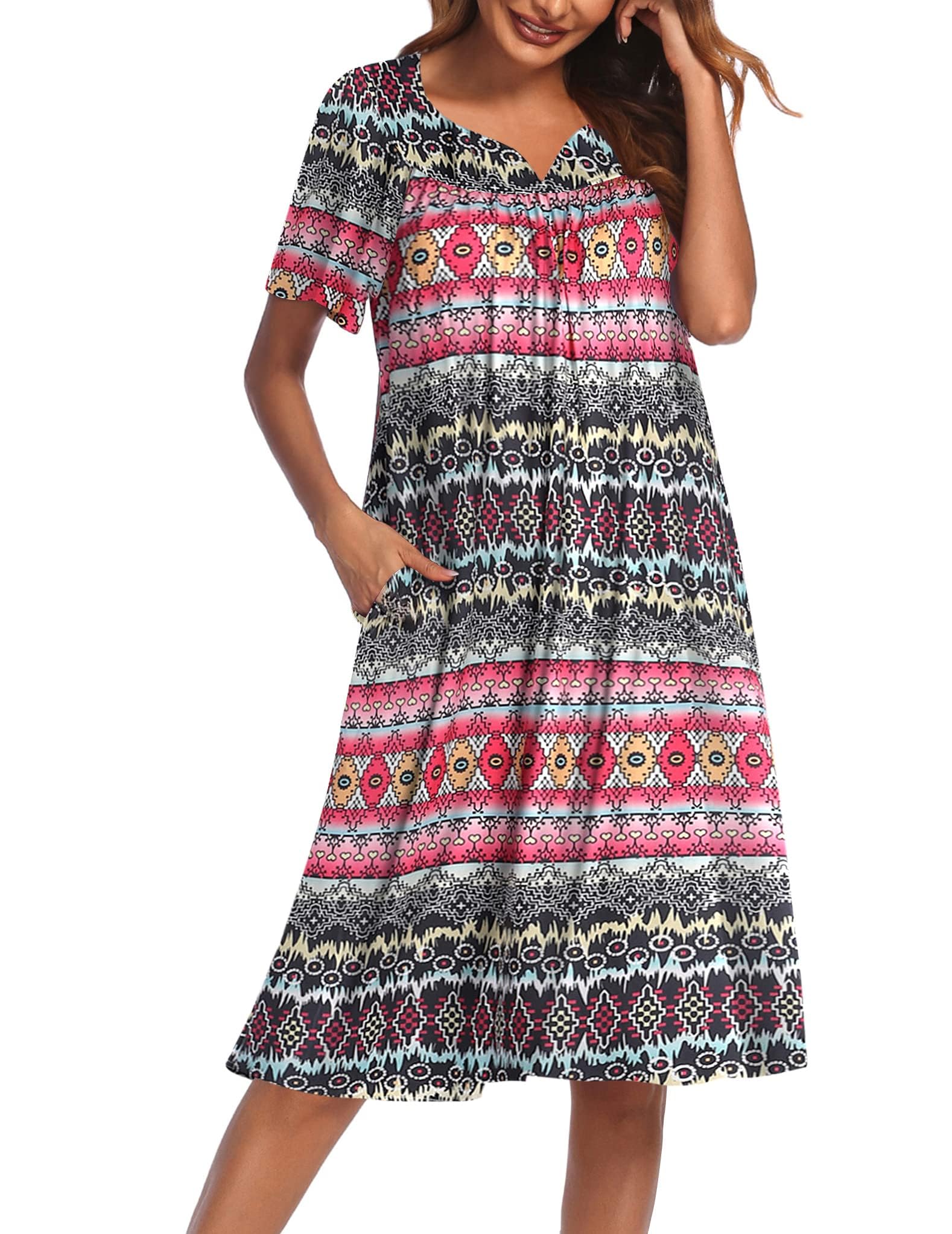 Ekouaer Camisón Mujer Vestidos Casual Tallas Grandes 2024 Estampado de Manga Corta Suelto Bolsillos Grandes