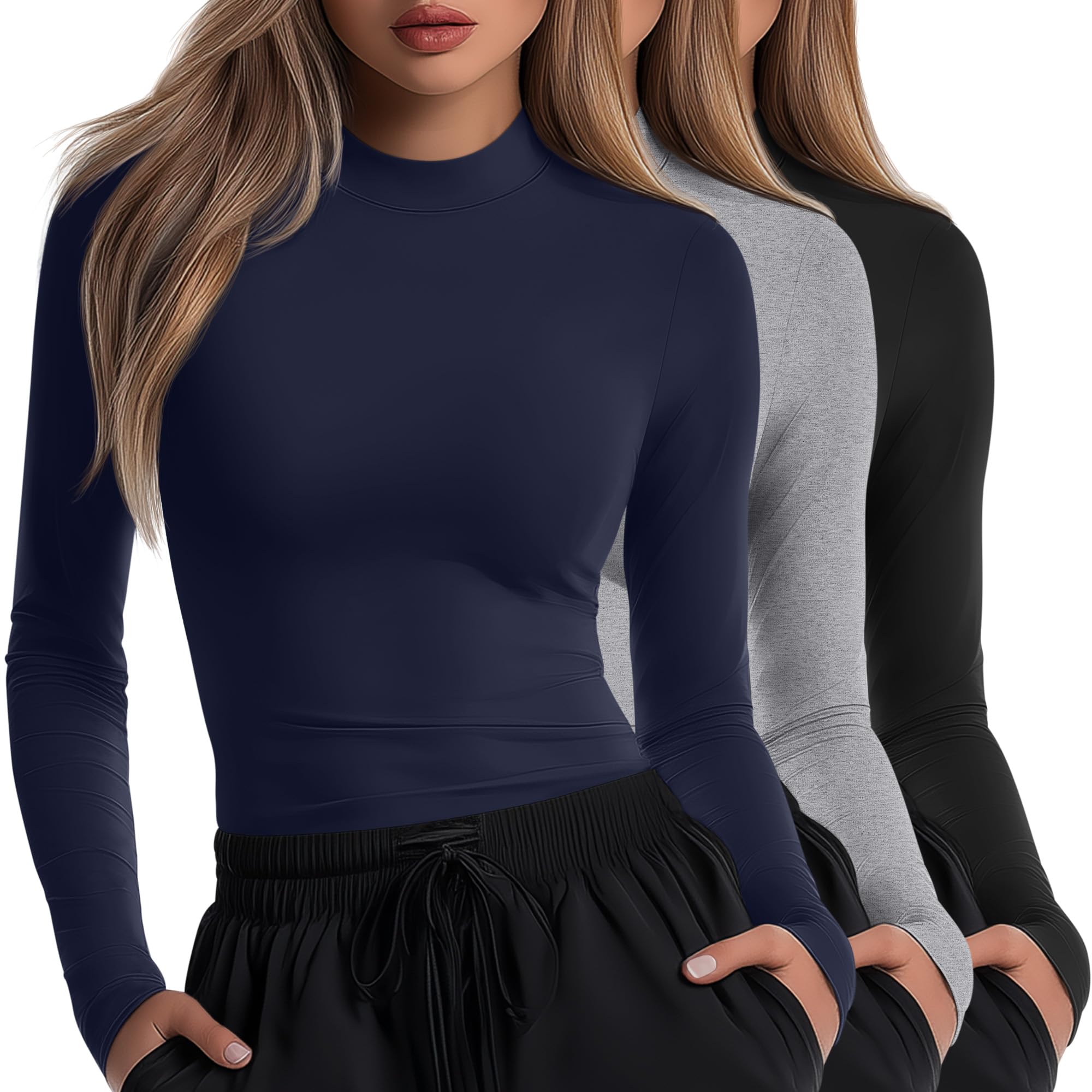 Neer Lot de 3 chemises à manches longues pour femme, col roulé, coupe ajustée, t-shirt basique pour infirmière