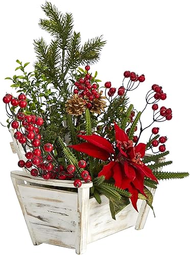 Miniatura 3 de Nearly Natural Arreglo artificial de flor de pascua, suculentas y bayas de 18 pulgadas en maceta de banco