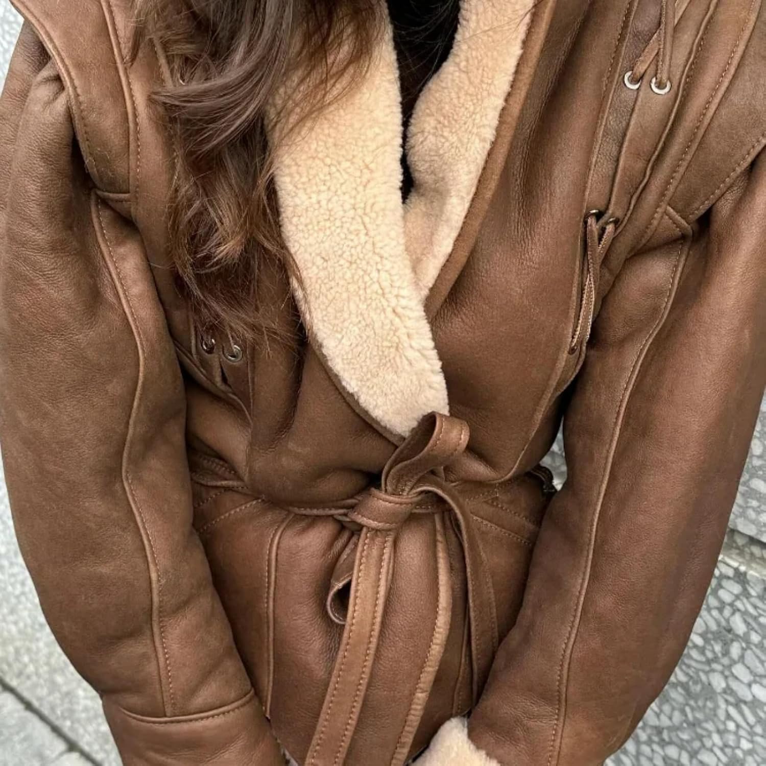 PU Leather Patchwork Jacket with Belt Women Long Sleeves Drawstring Tie Coat Female Thick Street Outwear