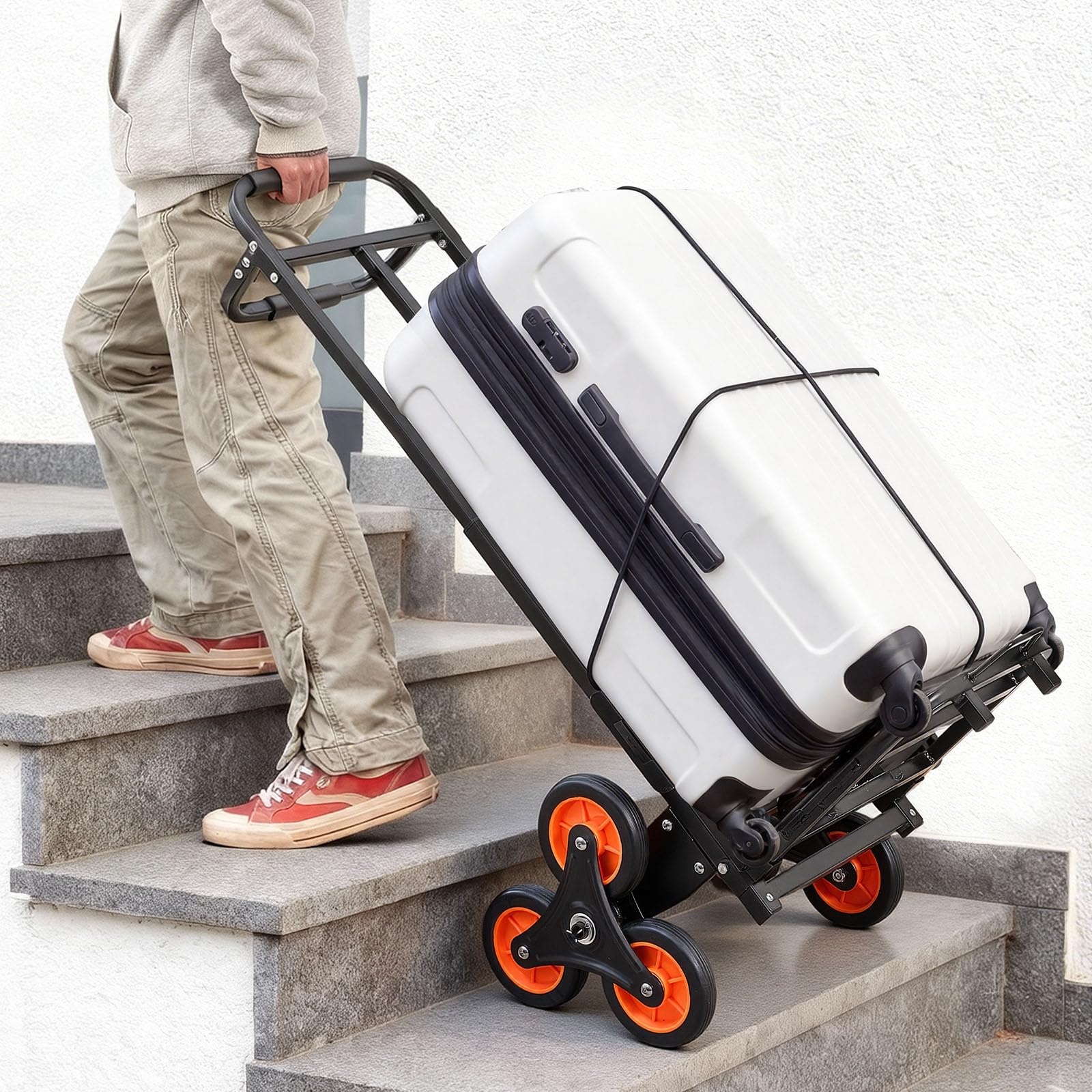 VEVOR Carretilla de Mano Plegable con Asa Telescópica, Carga Máxima 100 kg, Carro Sube Escaleras Marco Resistente de Acero al Carbono con 2 Cuerdas y 6 Ruedas, para Compra Hogar Almacén y Oficina