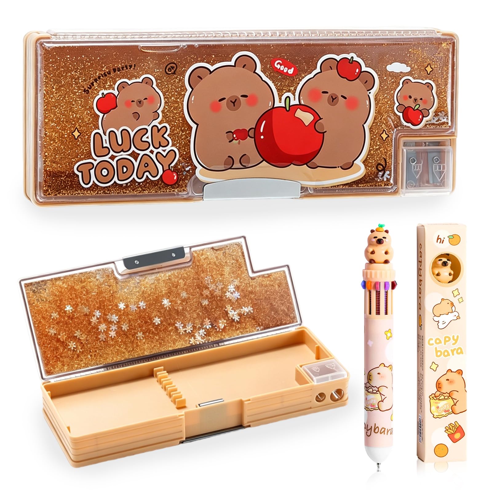 CYGMRFH Pop Up Pencil Case with 12-Colour Pen, Cute Purple Bear Stationery Box with Built-in Sharpener & Scissors Slot, Multi-Compartment Pencil Case for School Office Supplies, Gift for Students