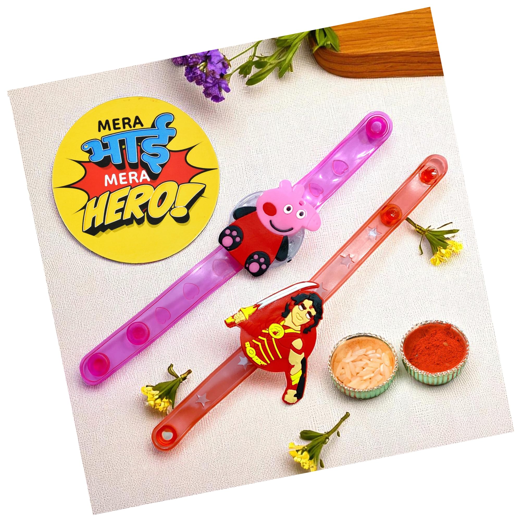 Evisha 2 Pcs LED Assorted Cartoon Character Rakhi with Fridge Magnet Combo For Kid Children Brother Bracelet Roli Chawal Packet 3