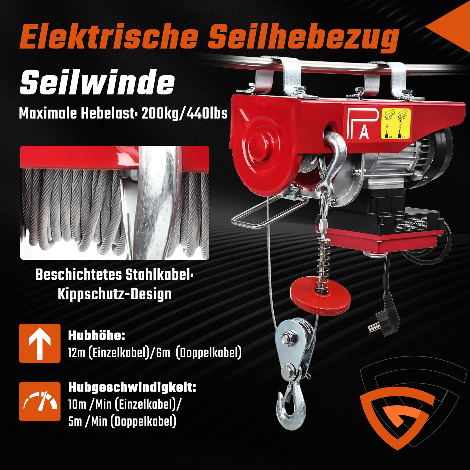 Seilwinde Elektrisch 230v 100/200 kg Tragkraft 12m Hubhöhe Stahlseil inkl.10m/min Hubgeschwindigkeit mit kabelloser Fernbedienung(100m) MOBILE Seilzug elektrisch Seilhebezug Hebezug