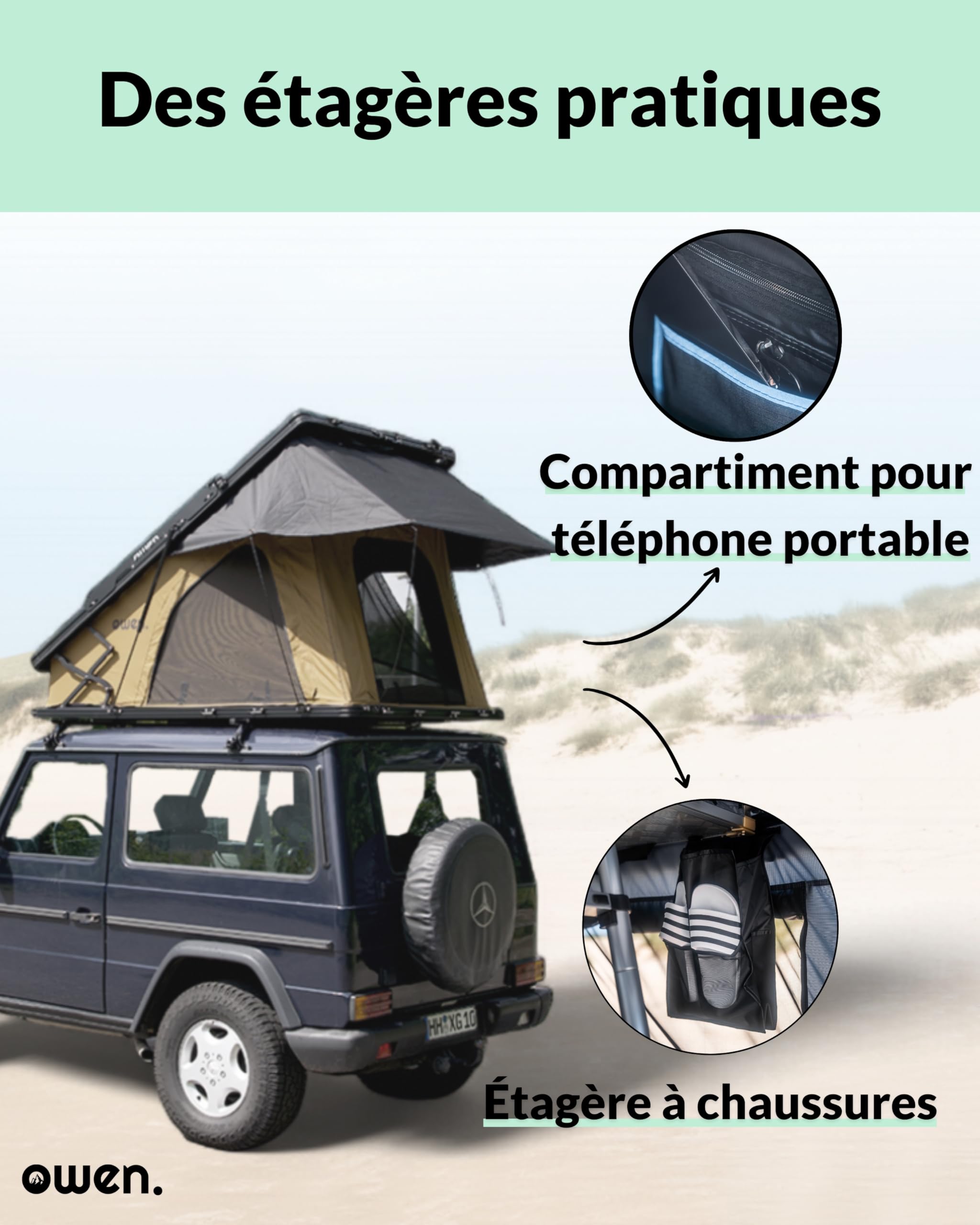 Owen | Alumaster Two + Tente de Toit Voiture | Tente de Toit Voiture spacieuse et Confortable | Grande Surface de Couchage | Imperméable à l'eau | Auvent et Accessoires Inclus